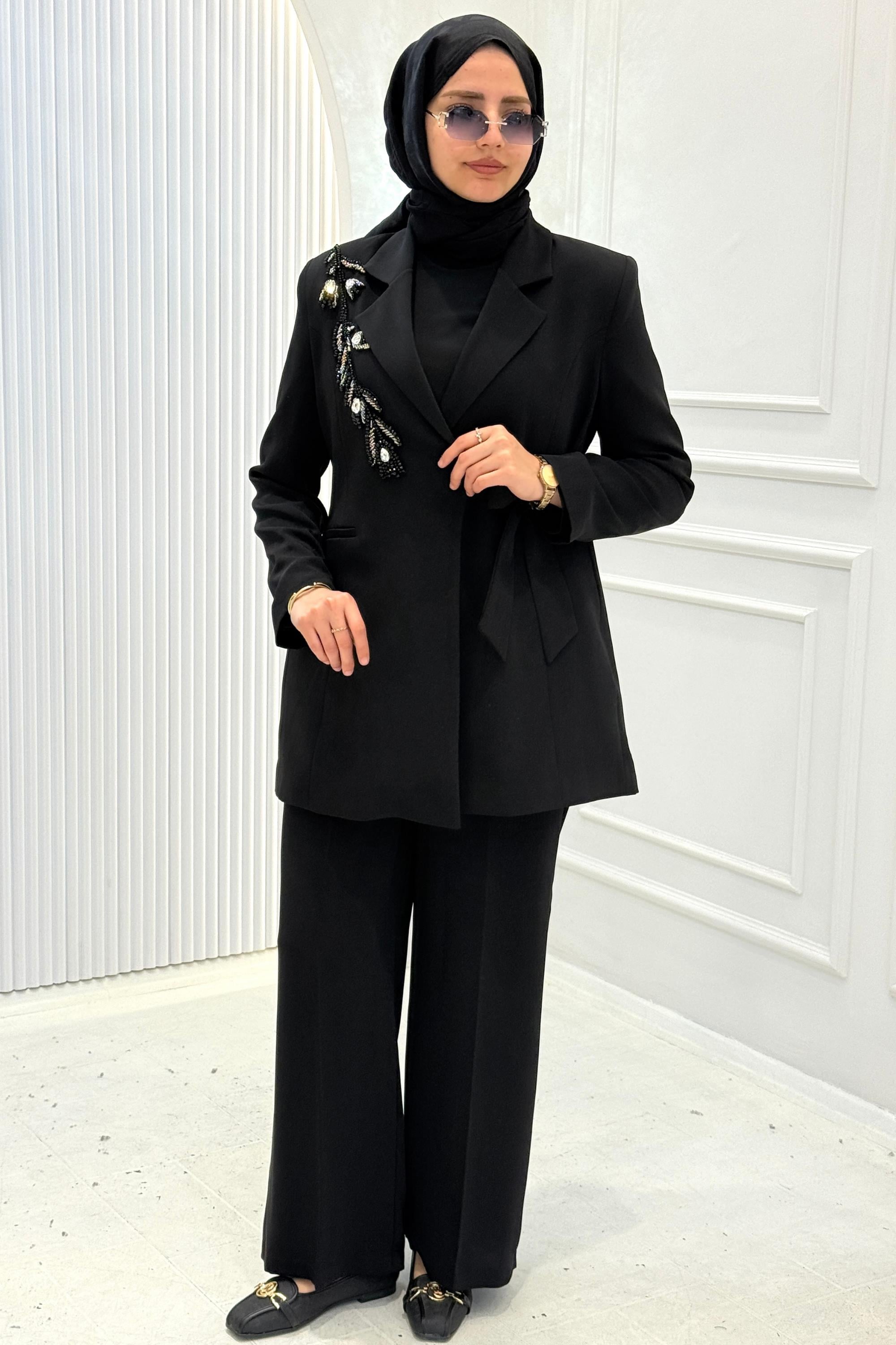Orhan Store Taş İşlemeli Blazer Ceketli Tesettür Takım Siyah OTW2780