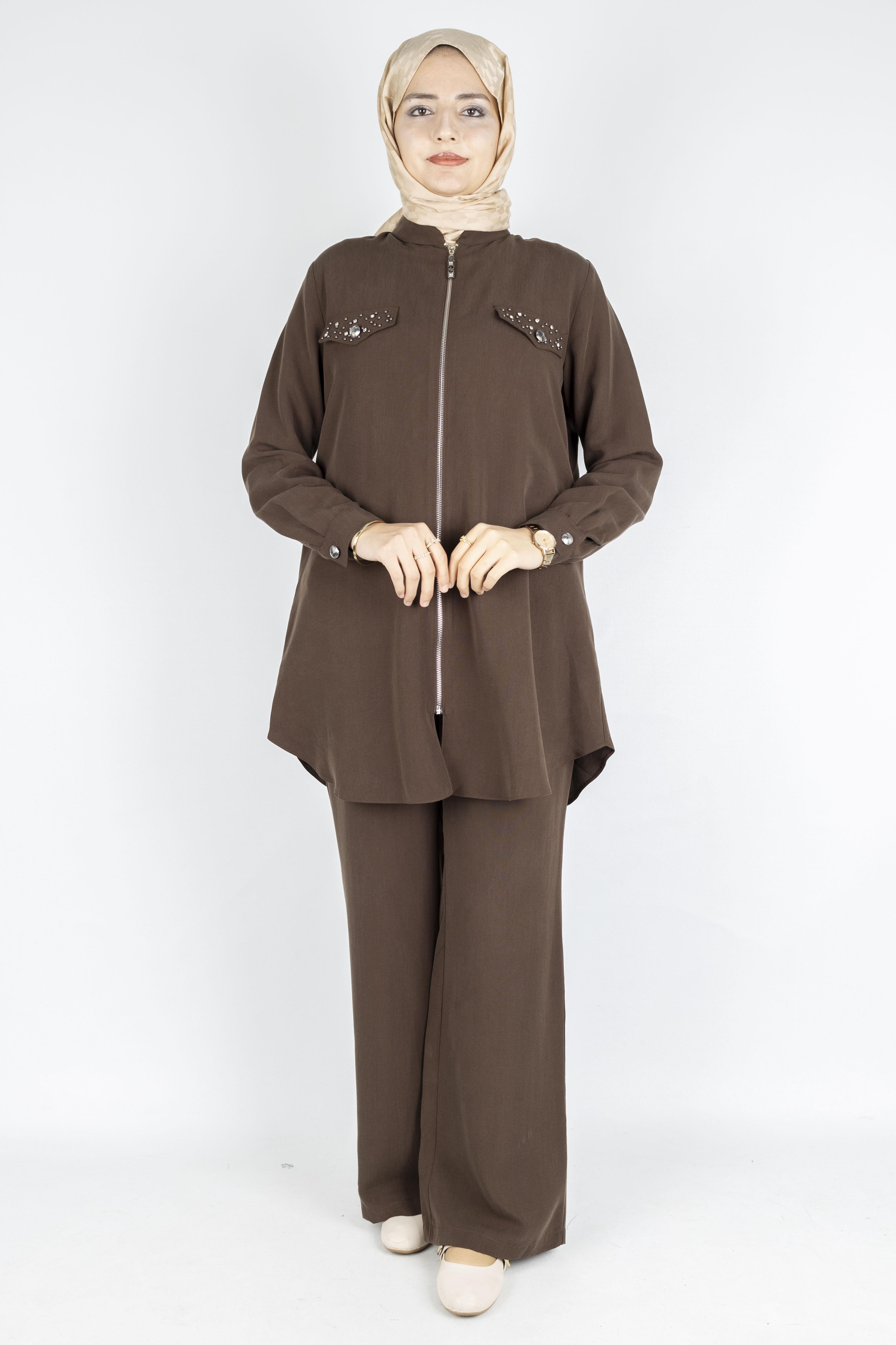 Orhan Store Taş Kapak Cepli Fermuarlı Takım Kahve OTW2714