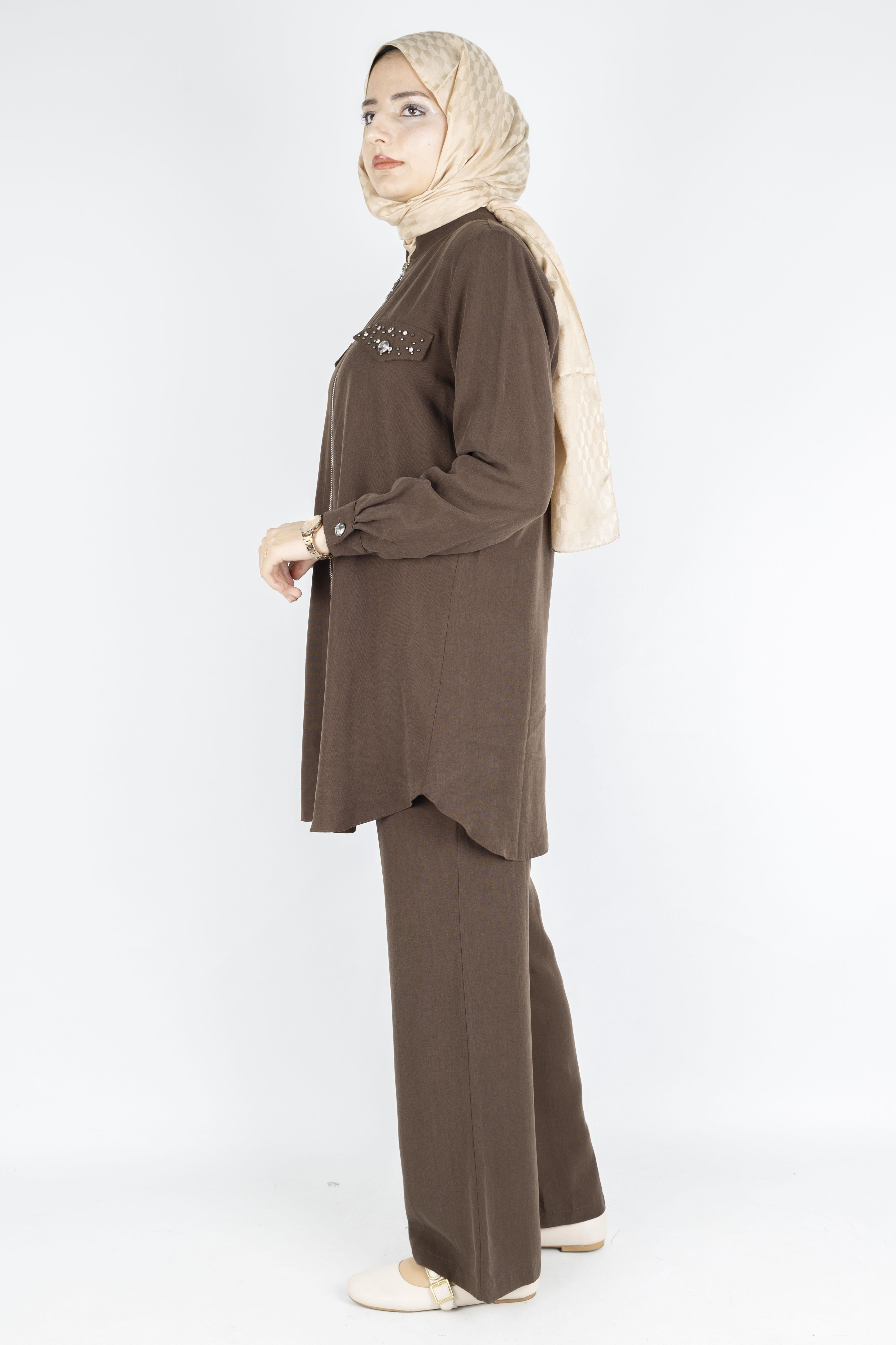 Orhan Store Taş Kapak Cepli Fermuarlı Takım Kahve OTW2714