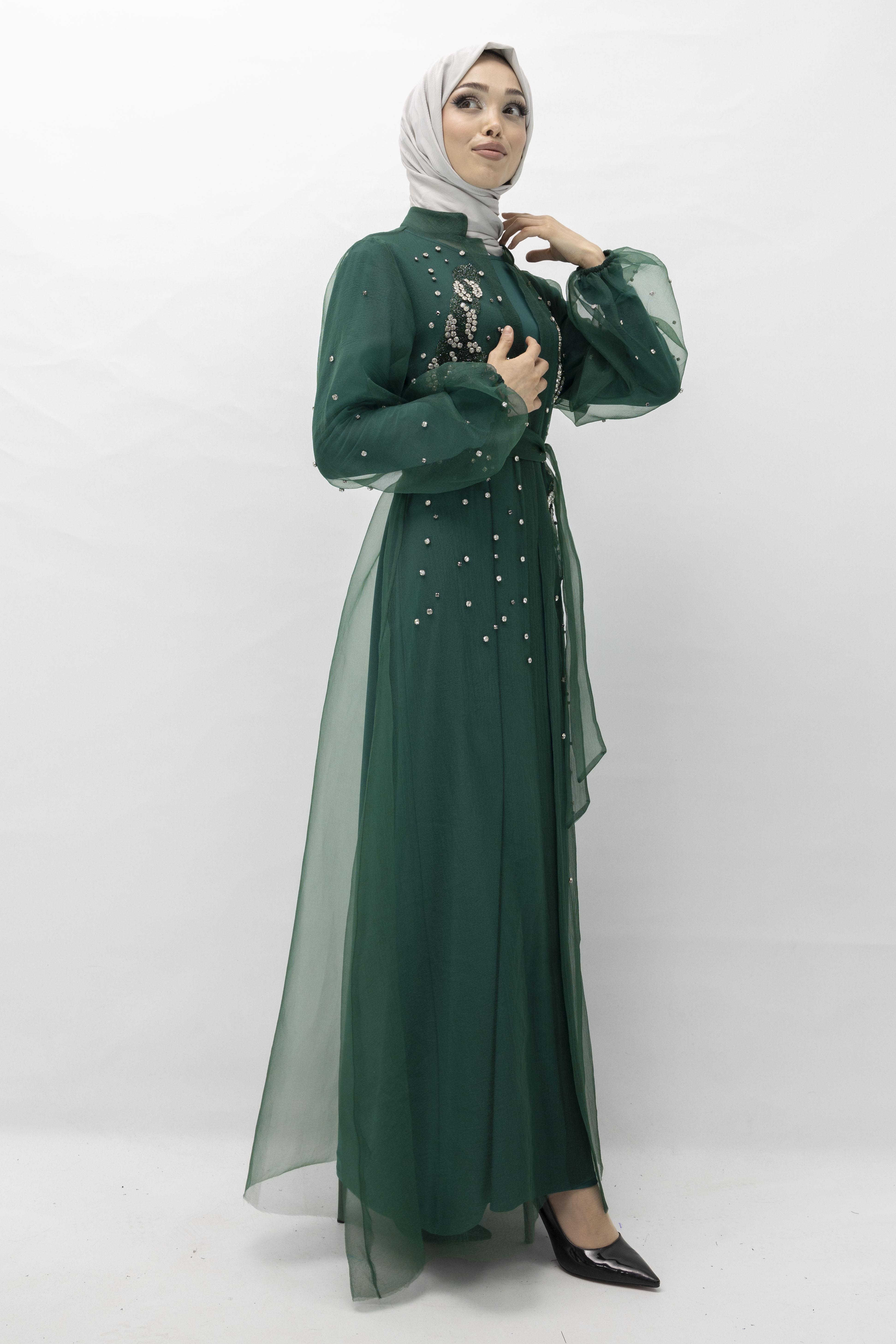 Orhan Store Taşlı Abaya Takım Zümrüt OTW2414