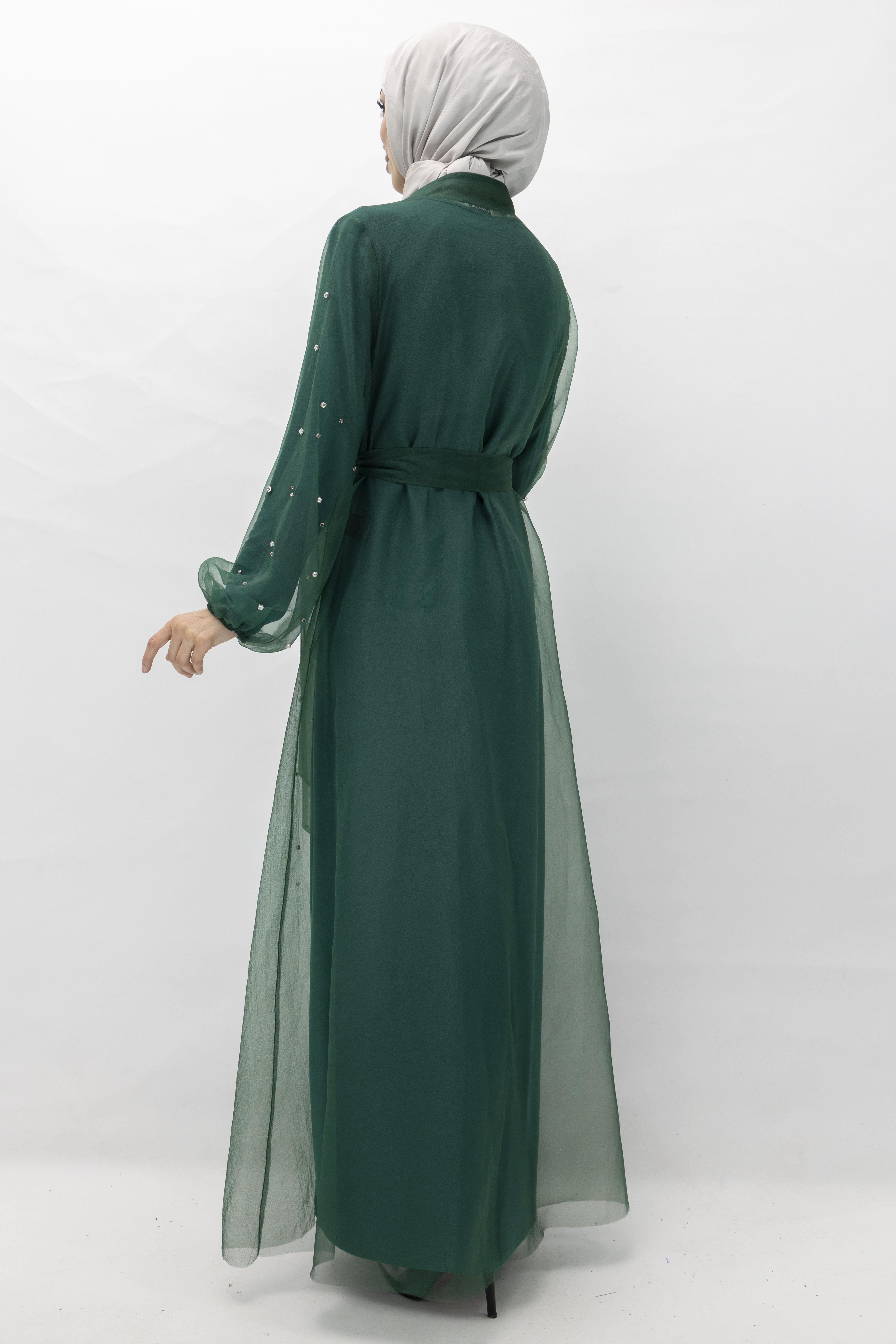 Orhan Store Taşlı Abaya Takım Zümrüt OTW2414