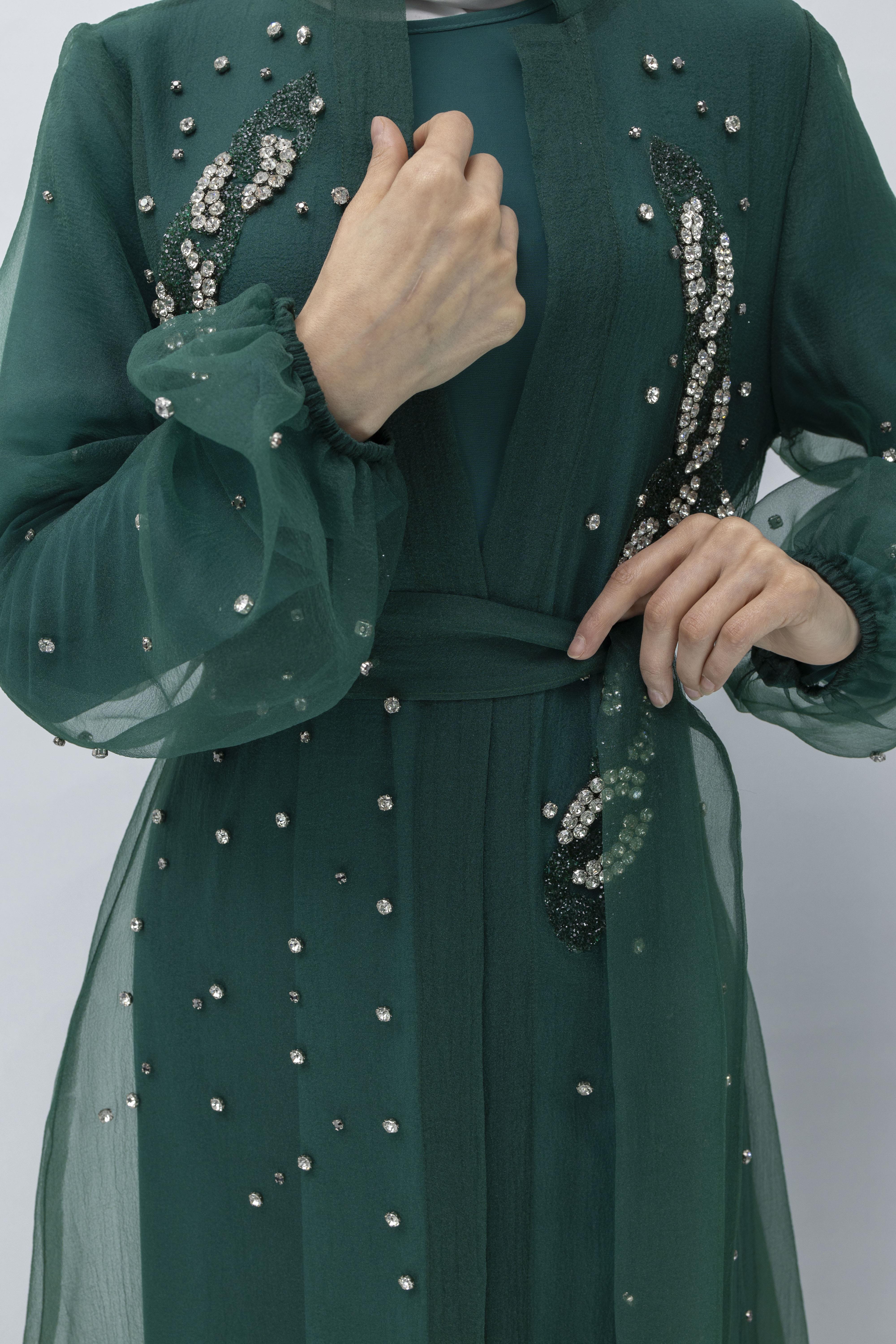 Orhan Store Taşlı Abaya Takım Zümrüt OTW2414