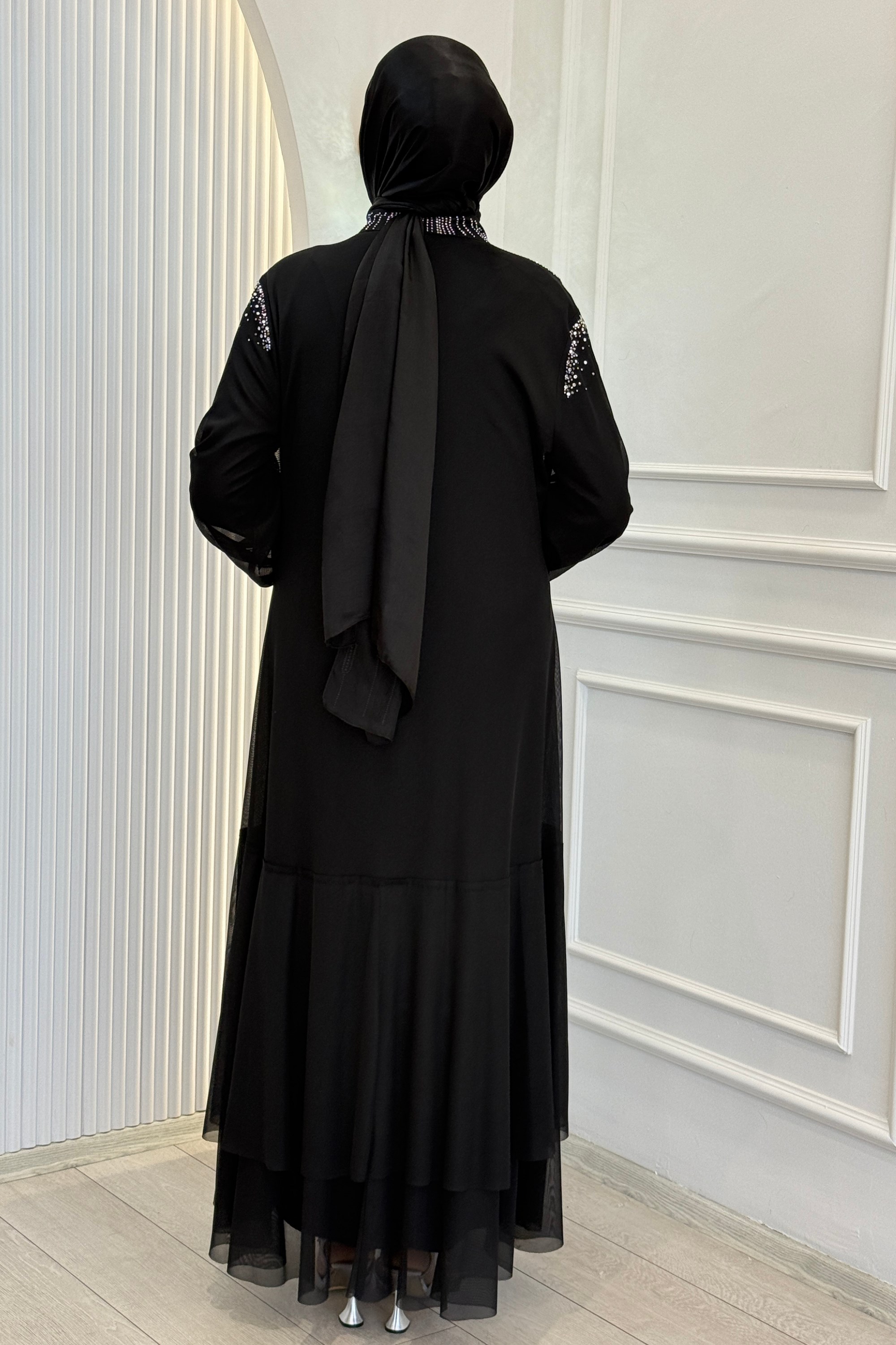 Orhan Store Taşlı Tül  Abayalı Takım Siyah OTW2074