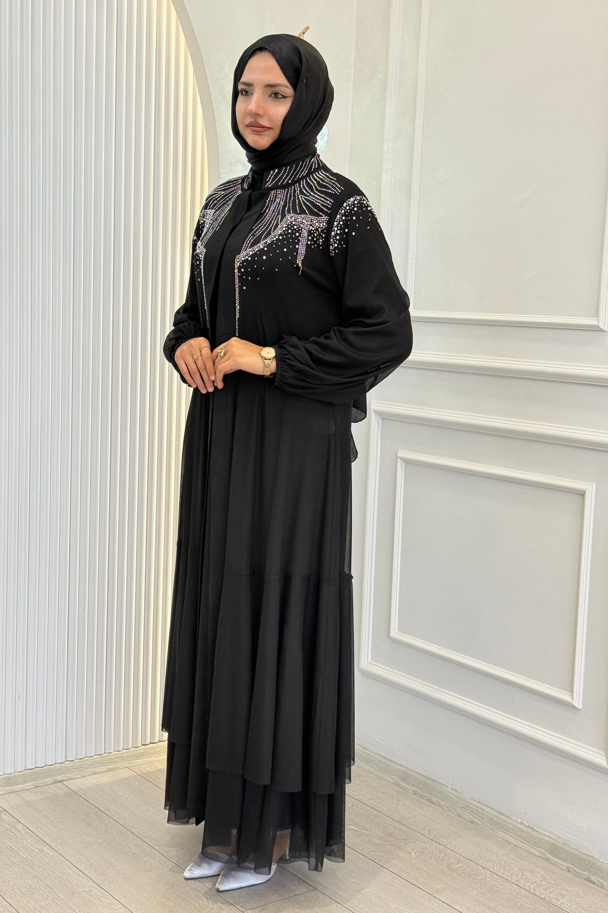 Orhan Store Taşlı Tül  Abayalı Takım Siyah OTW2074