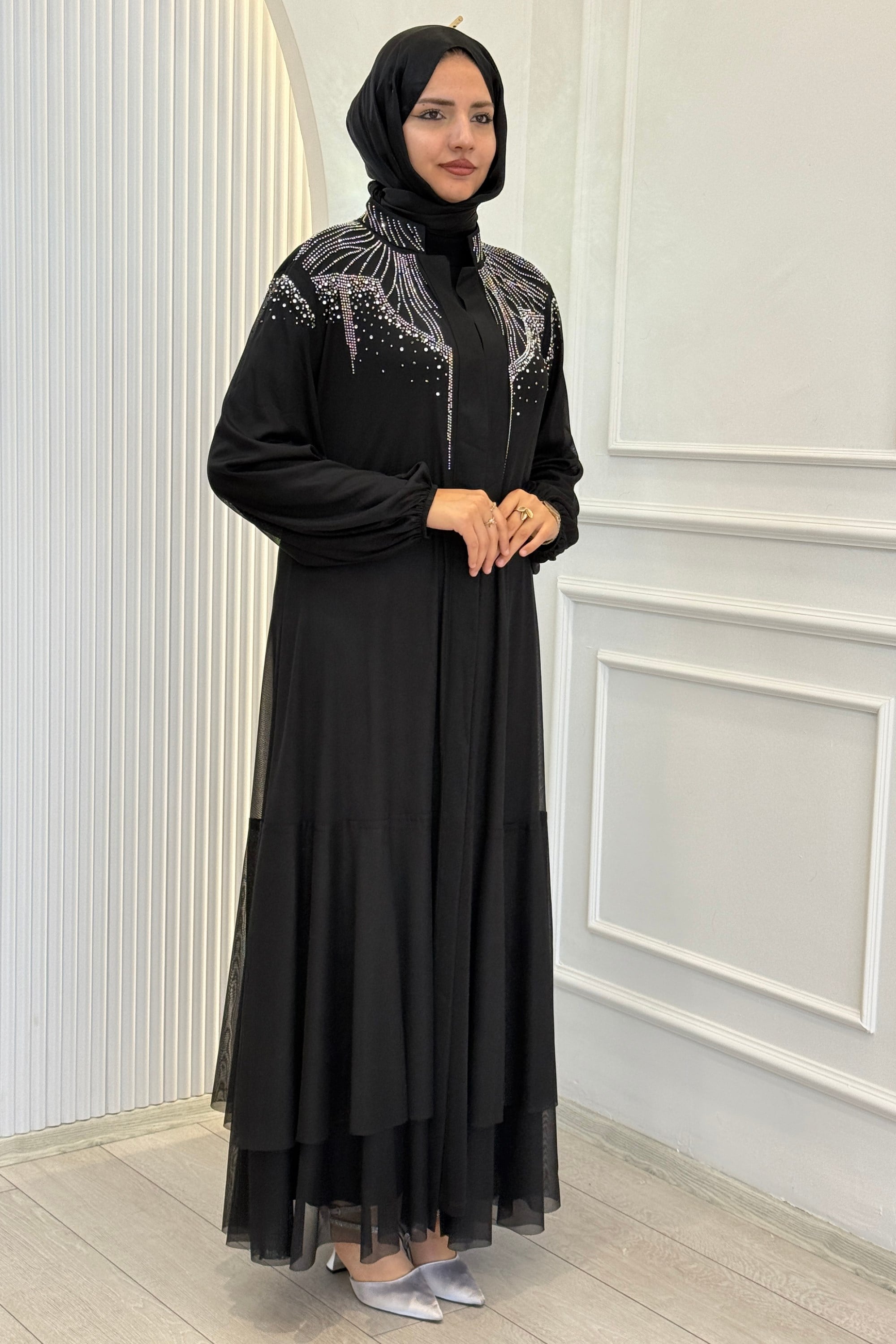 Orhan Store Taşlı Tül  Abayalı Takım Siyah OTW2074
