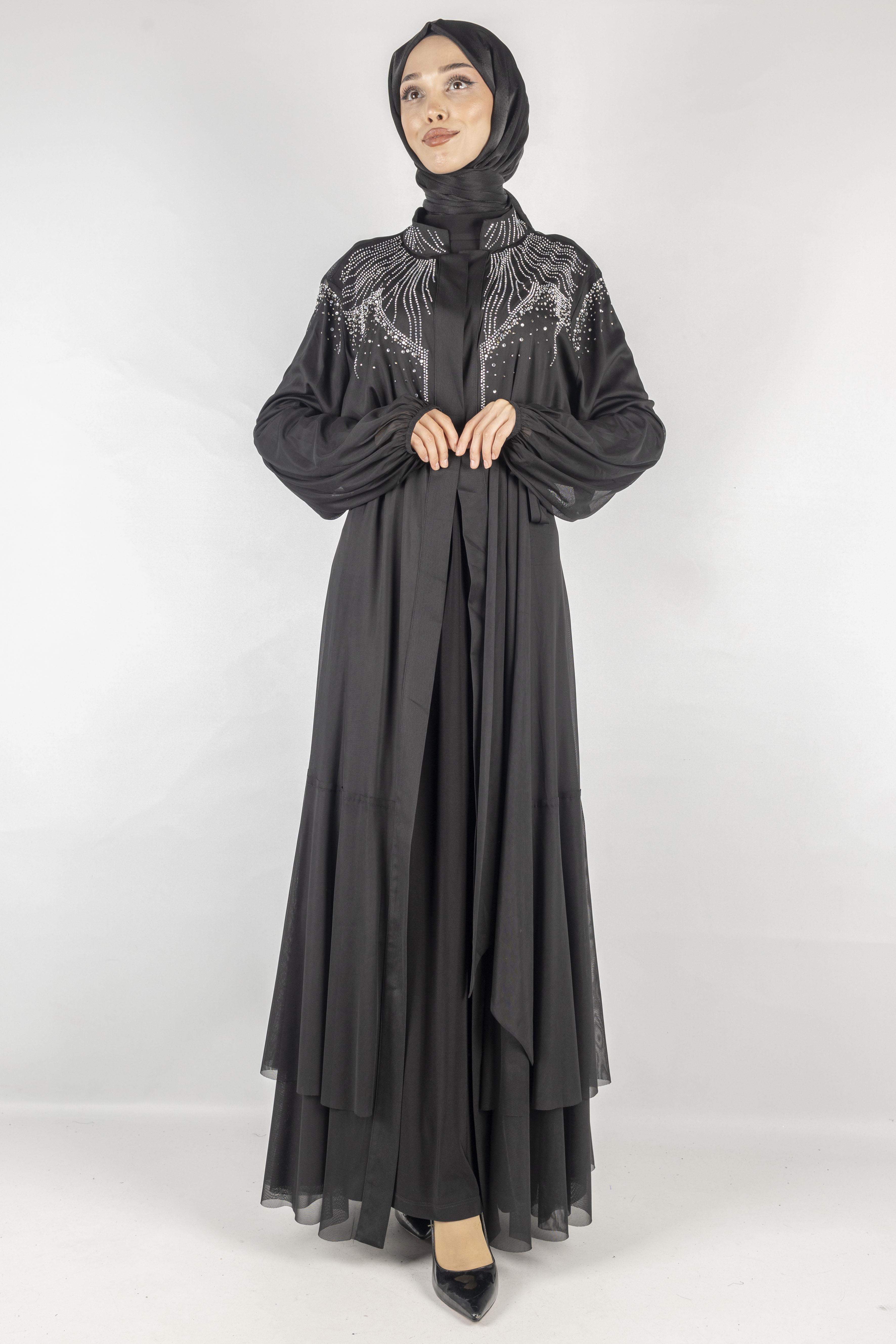 Orhan Store Taşlı Tül  Abayalı Takım Siyah OTW2074