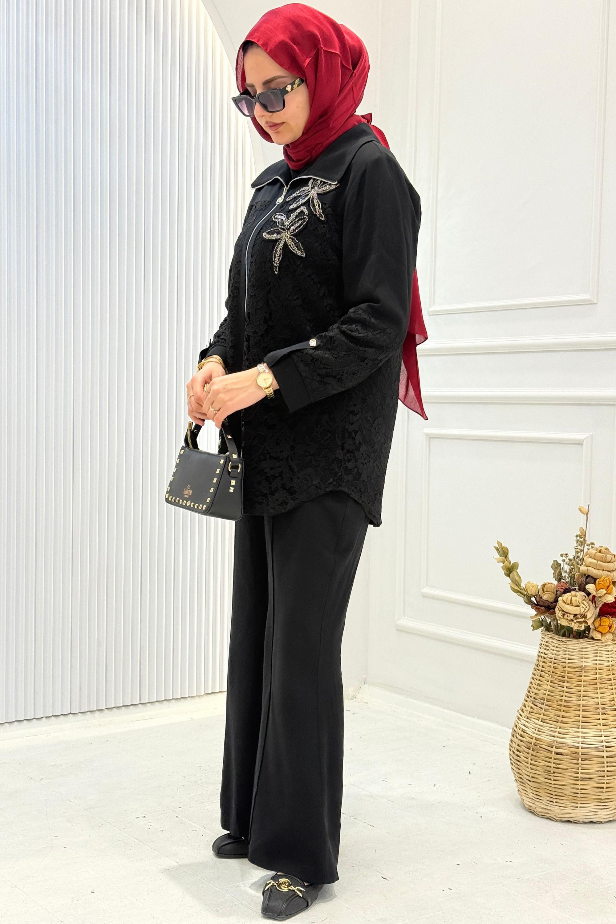 Orhan Store Tensel Kumaş Taş İşlemeli Takım Siyah OTW2755