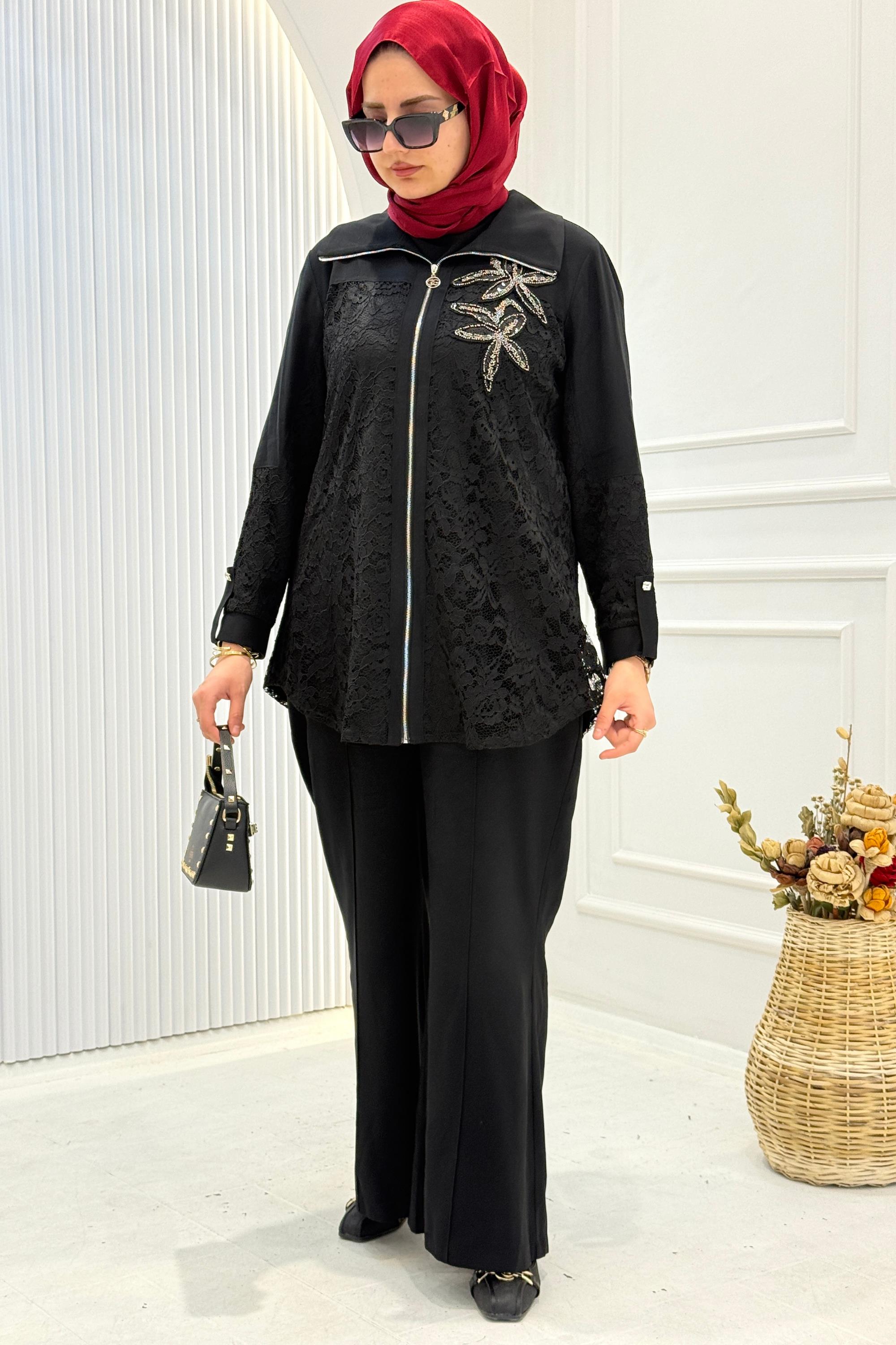 Orhan Store Tensel Kumaş Taş İşlemeli Takım Siyah OTW2755