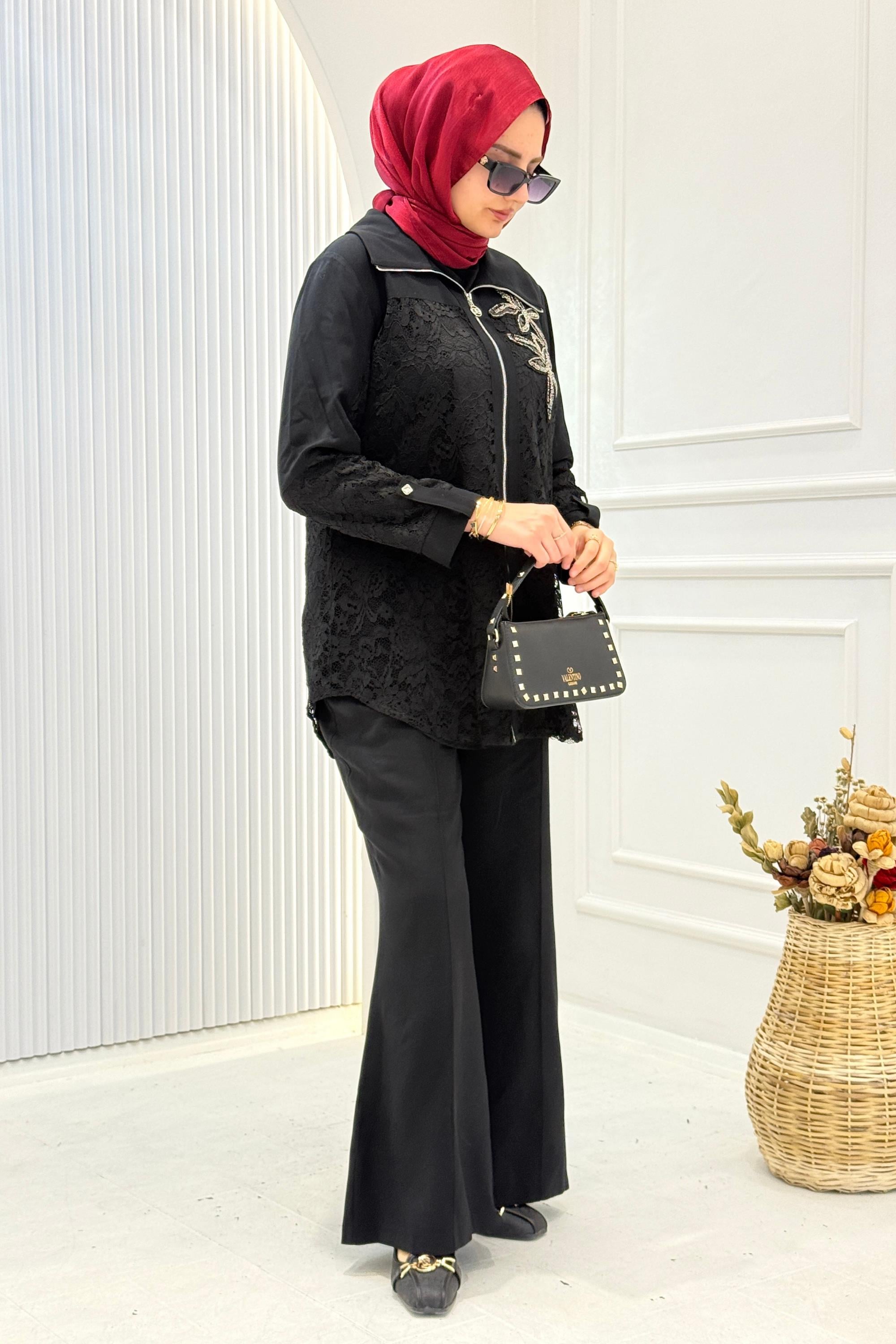 Orhan Store Tensel Kumaş Taş İşlemeli Takım Siyah OTW2755