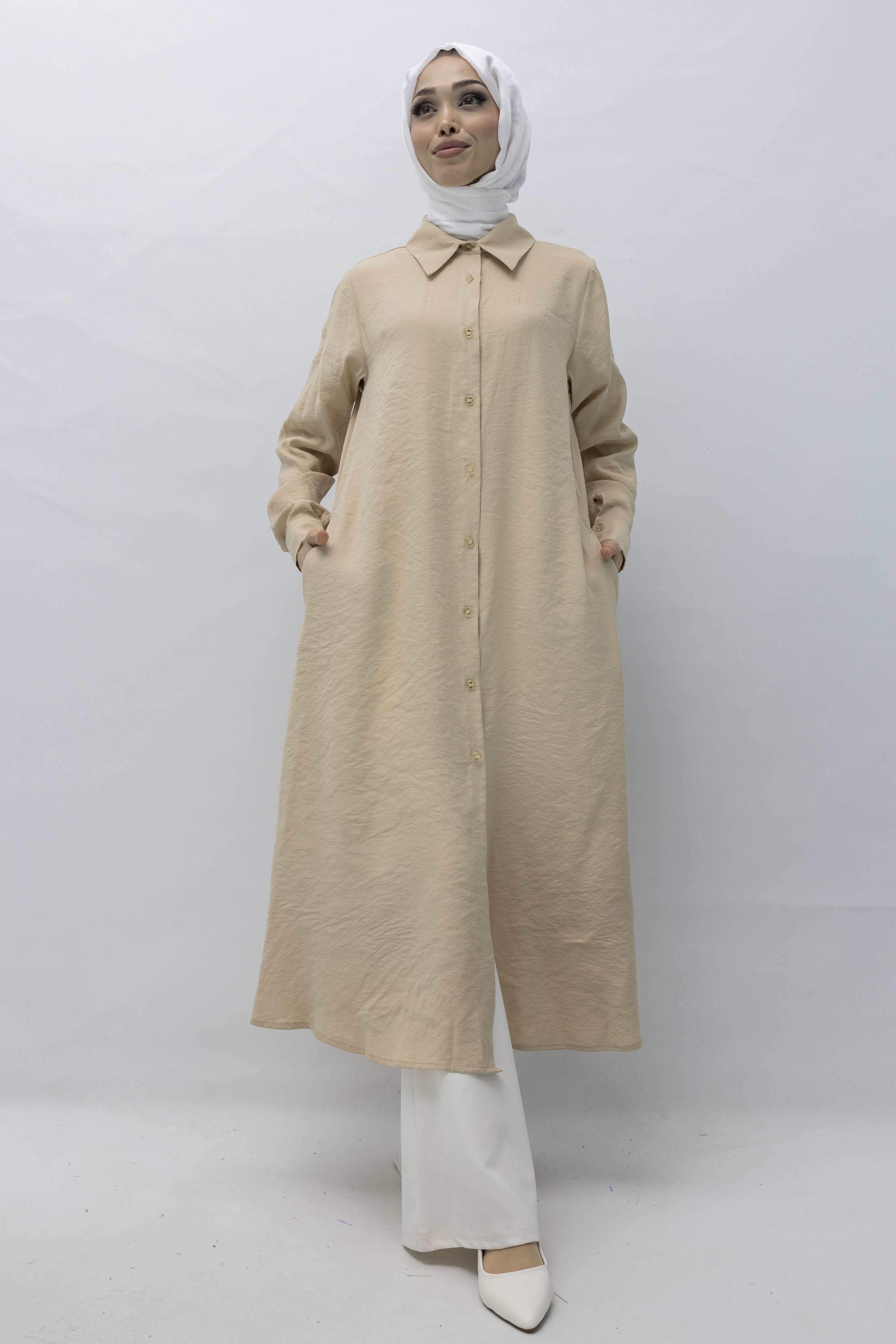 Orhan Store Tensel Uzun Gömlek Bej OTW1274