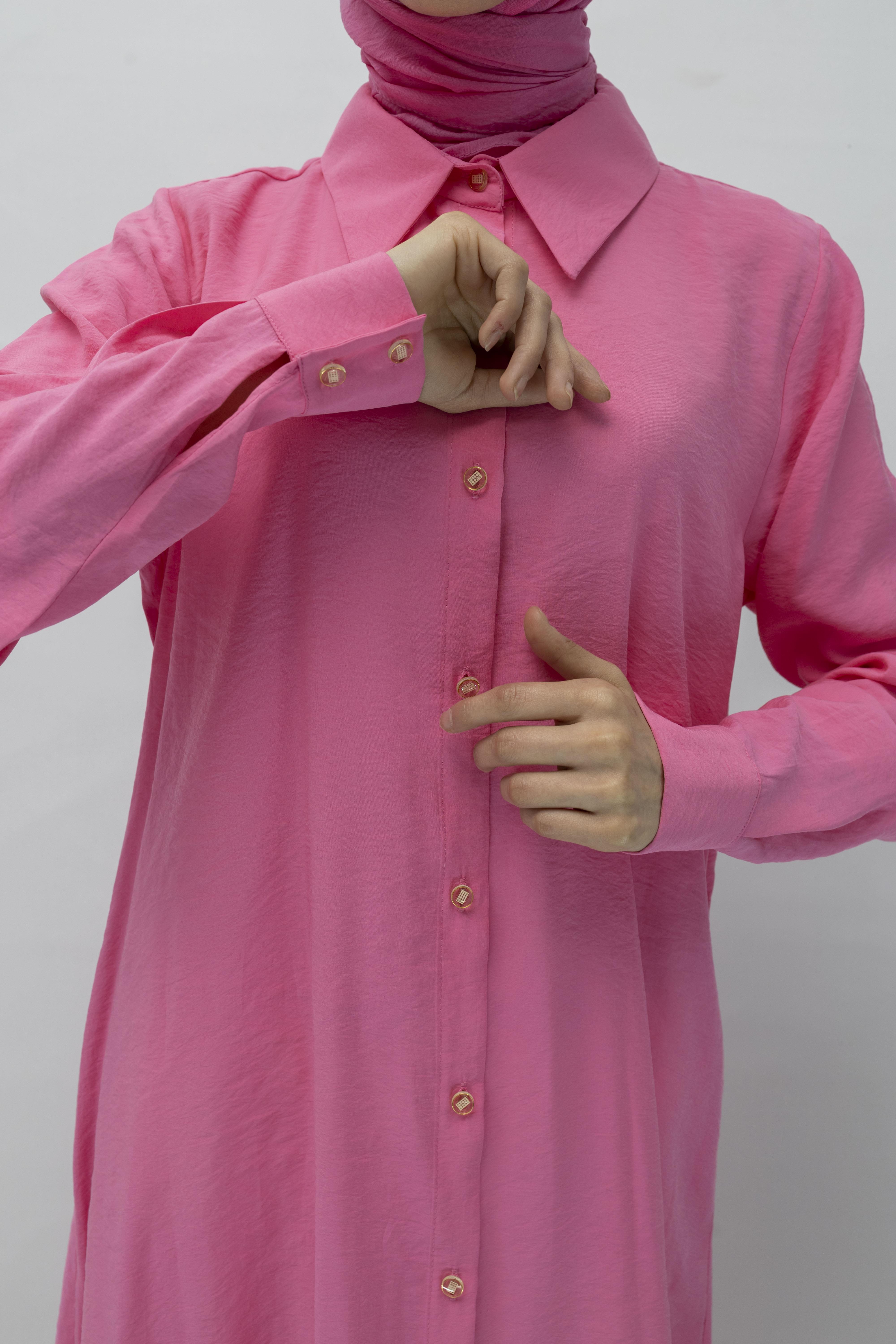 Orhan Store Tensel Uzun Gömlek Pembe OTW1274