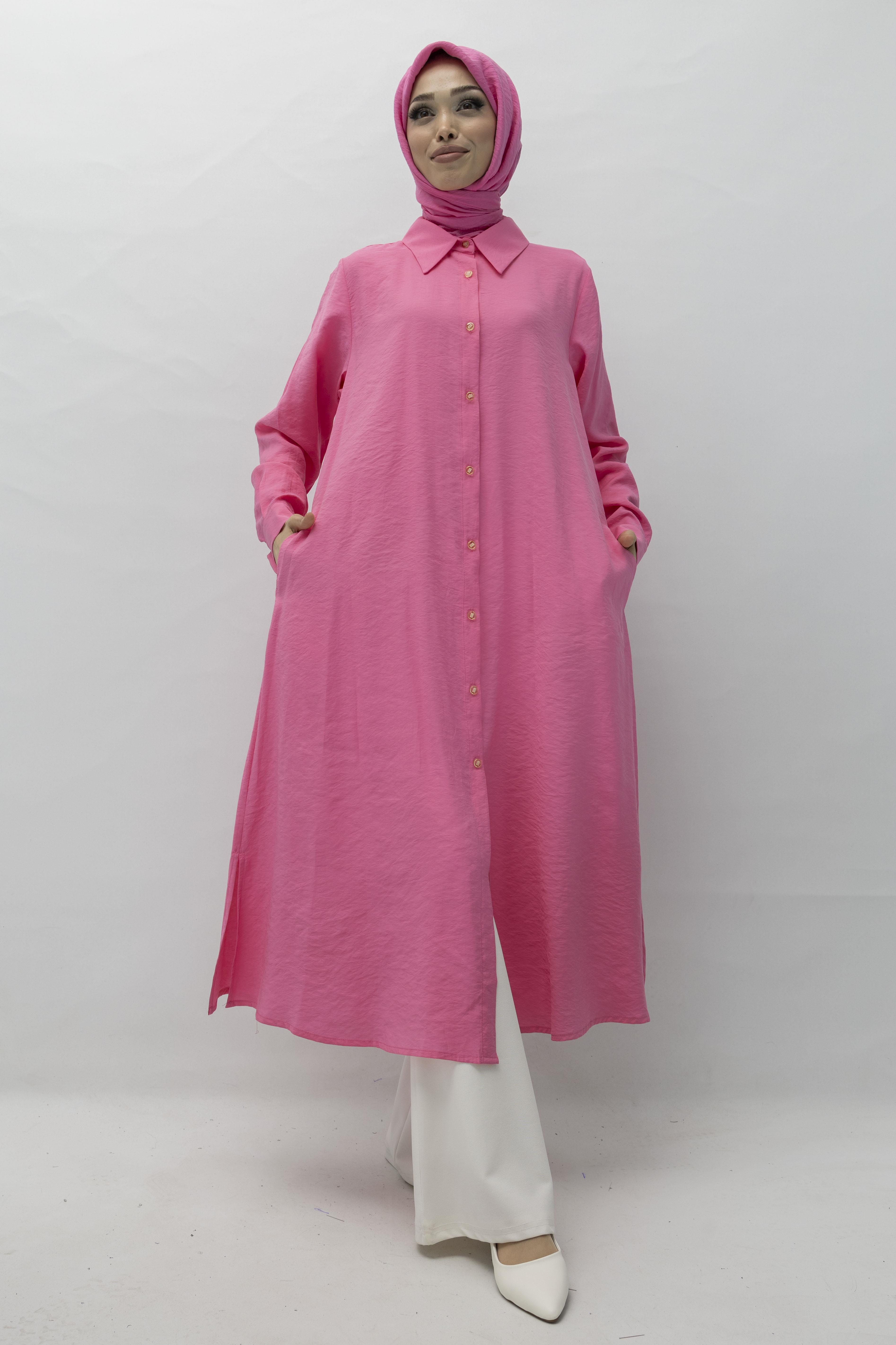 Orhan Store Tensel Uzun Gömlek Pembe OTW1274