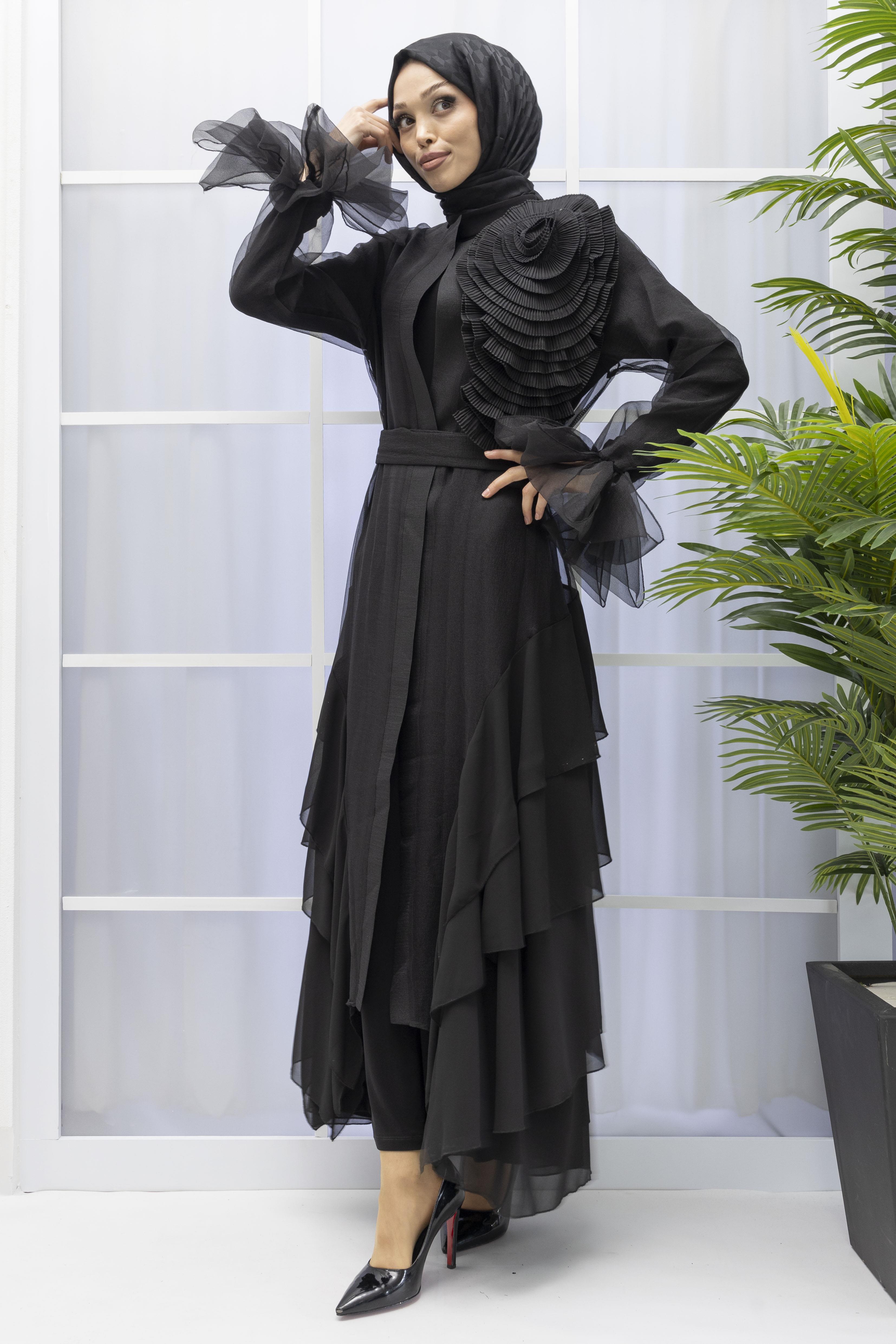 ORHAN STORE YAKA GÜL DETAYLI ABAYALI TAKIM Siyah OTW2181