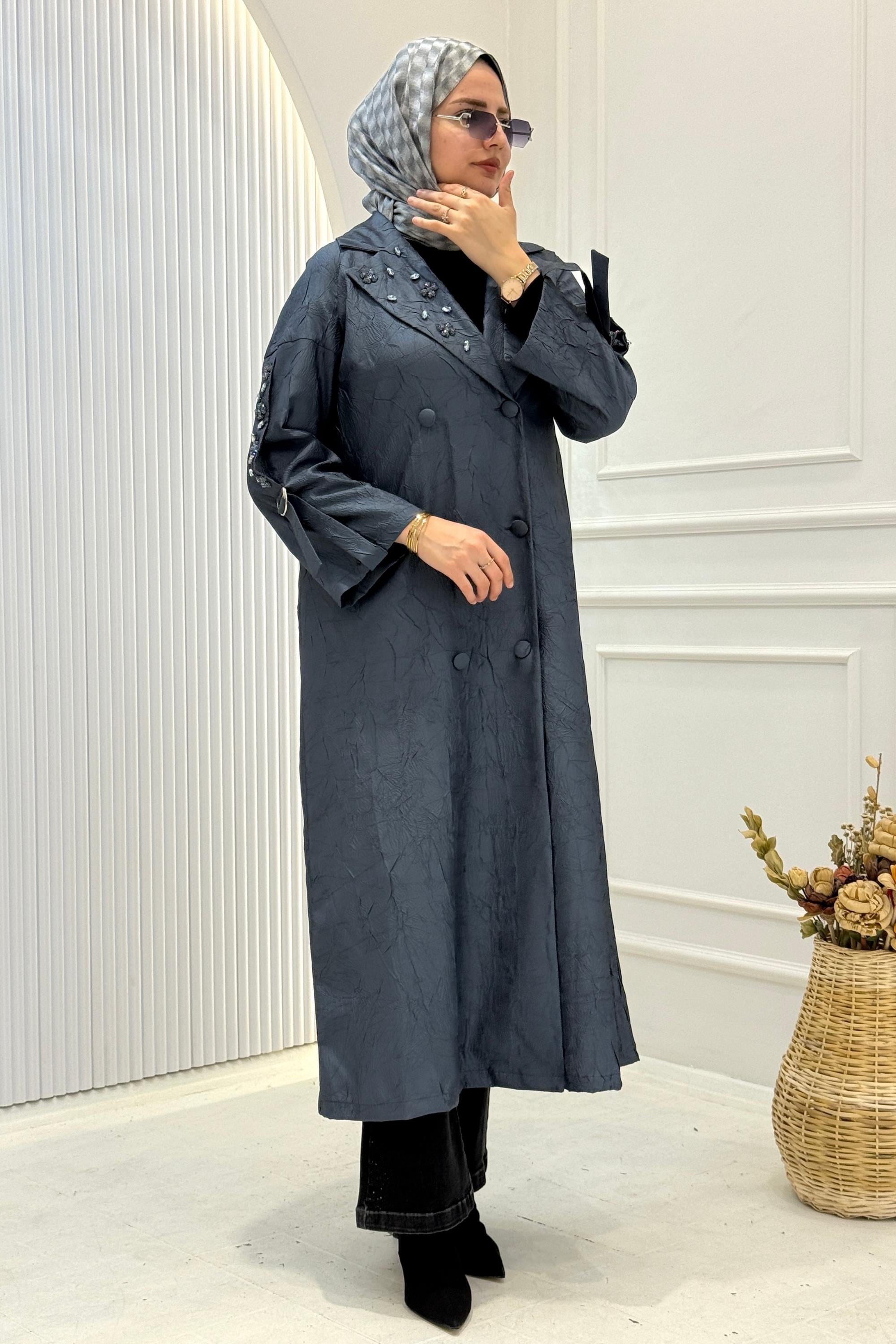 Orhan Store Yaka Taş İşlemeli Jakar Kap İndigo OTW1612