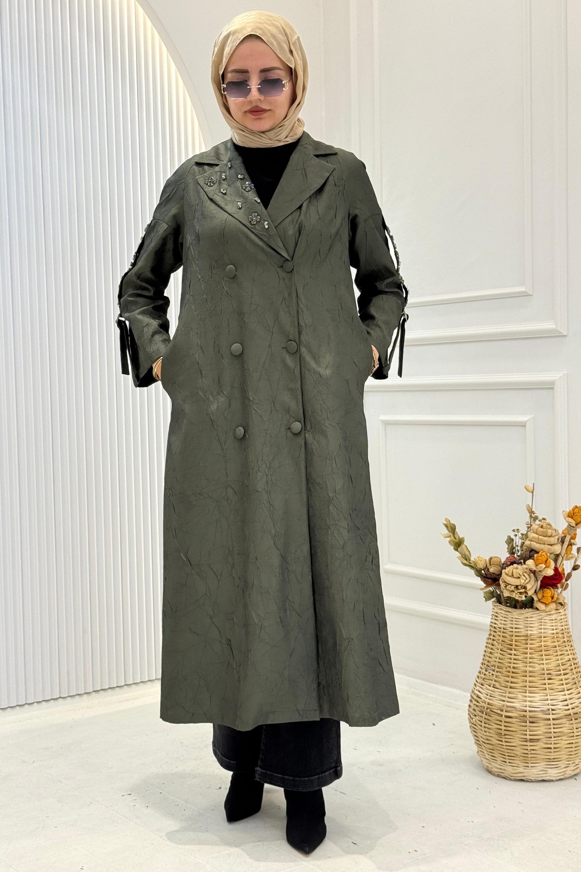 Orhan Store Yaka Taş İşlemeli Jakar Kap Haki OTW1612