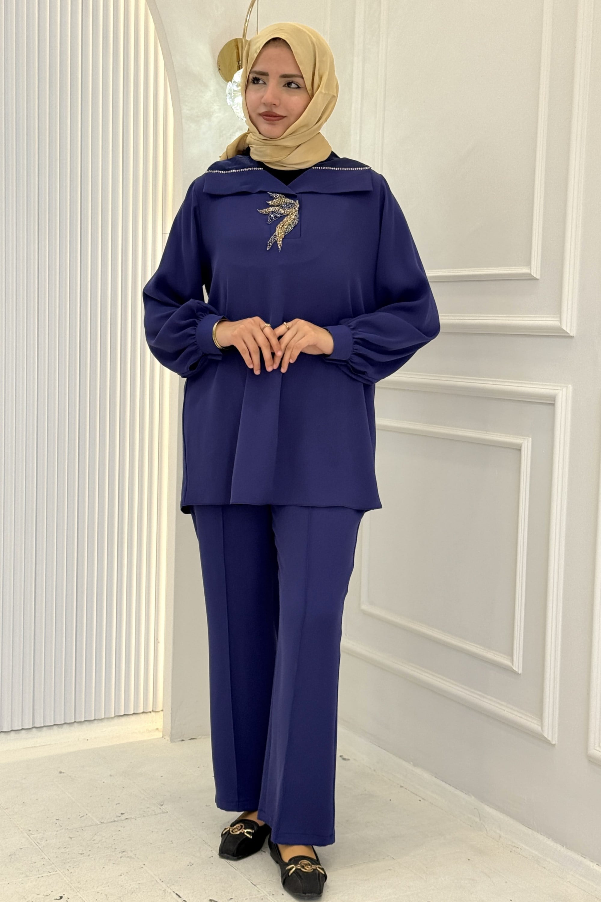 Orhan Store Yakası Taş İşlemeli Pantolonlu Takım İndigo OTW2896