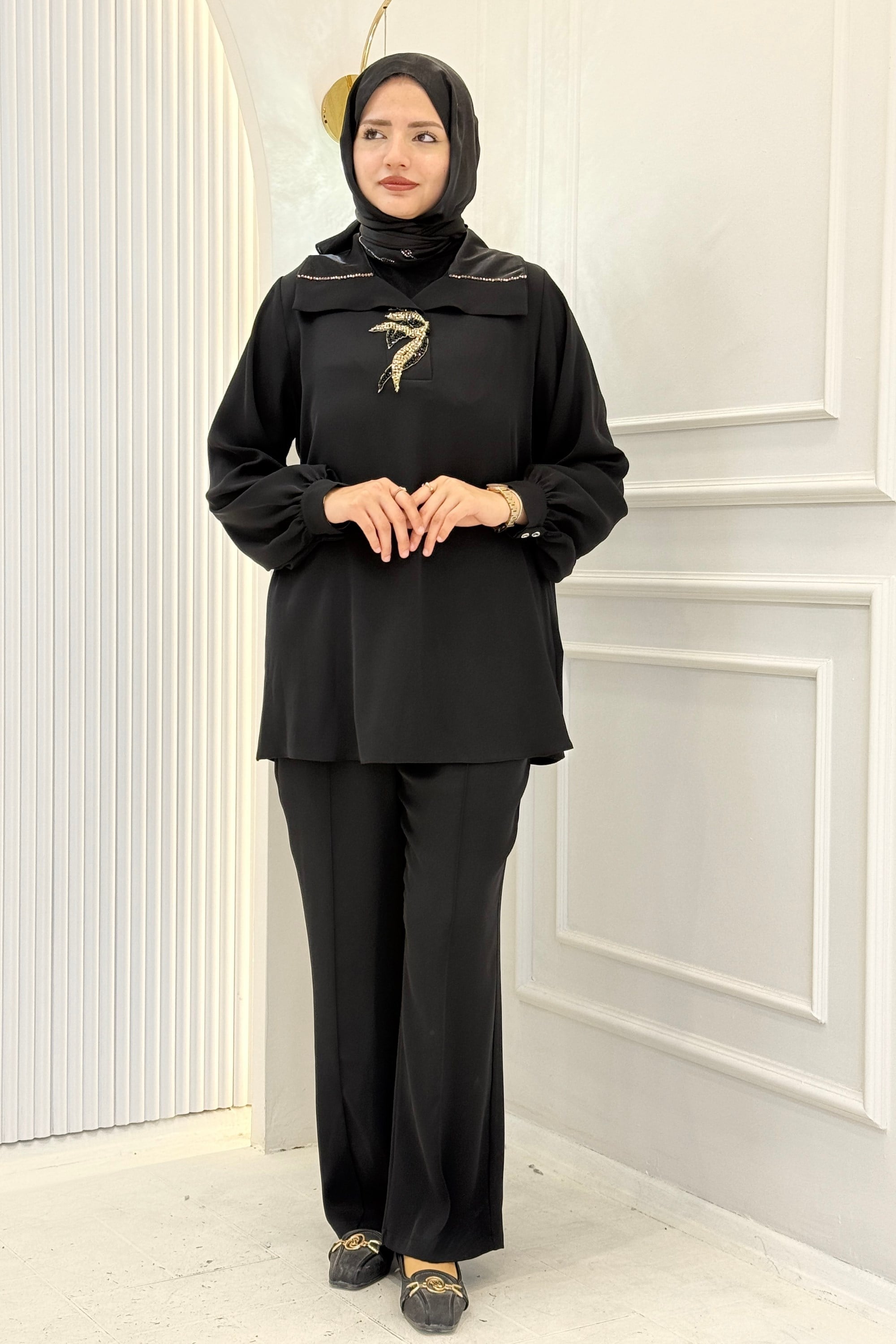 Orhan Store Yakası Taş İşlemeli Pantolonlu Takım Siyah OTW2896