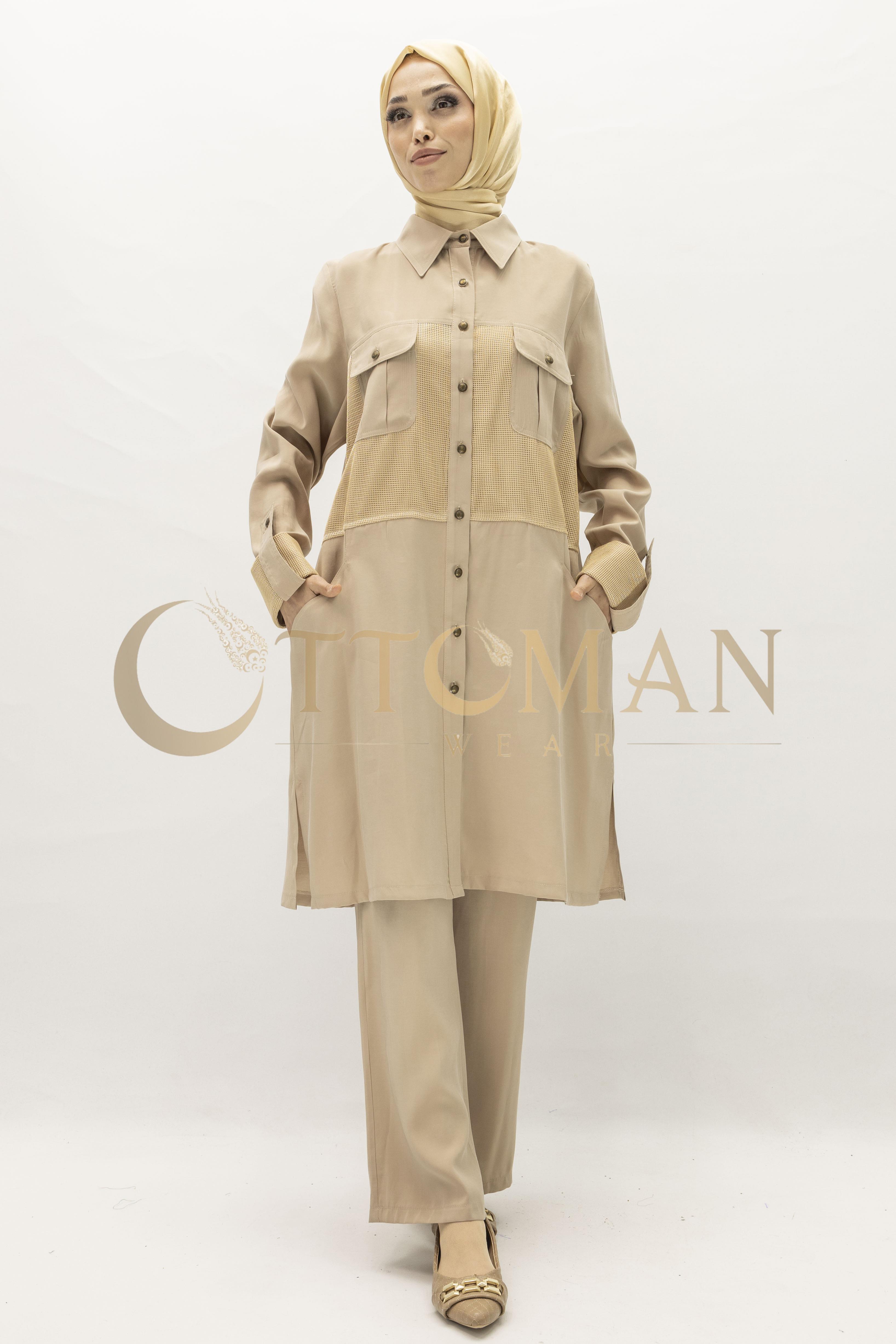 Ottoman 2li Büyük Beden Pantolonlu Takım Camel OTW25142