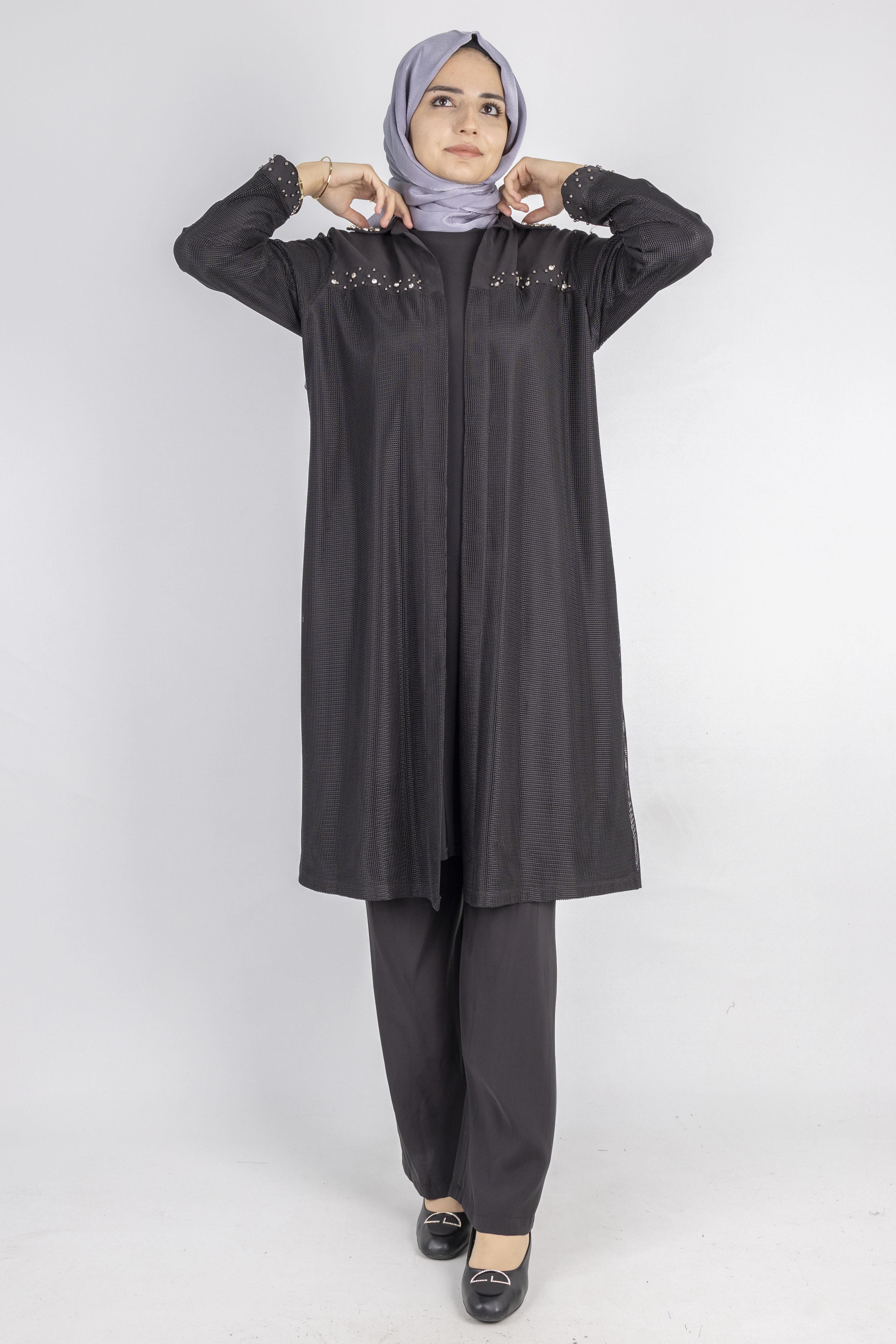 Ottoman Büyük Beden içlik ve File Kimono Takım Siyah OTW4242