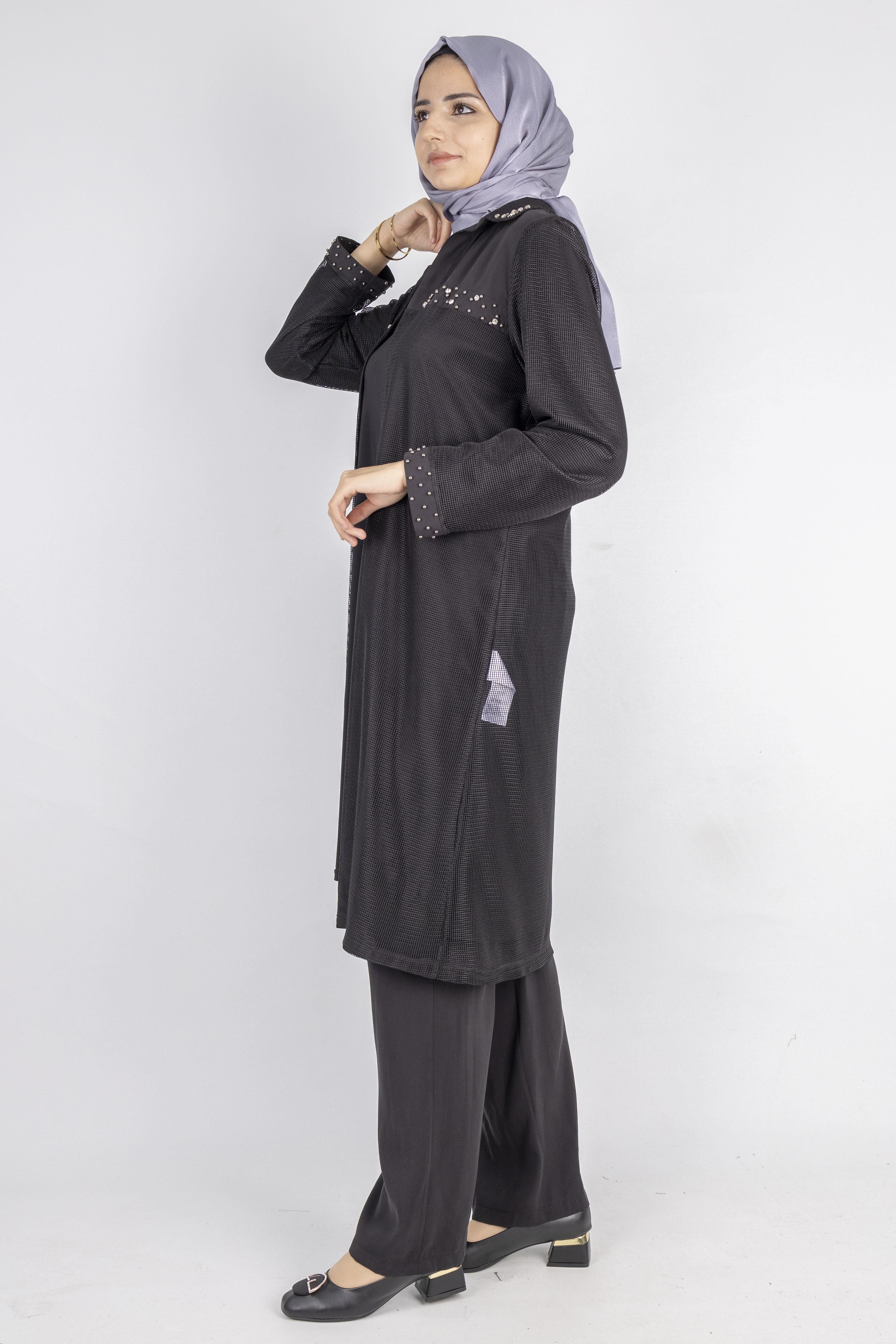 Ottoman Büyük Beden içlik ve File Kimono Takım Siyah OTW4242