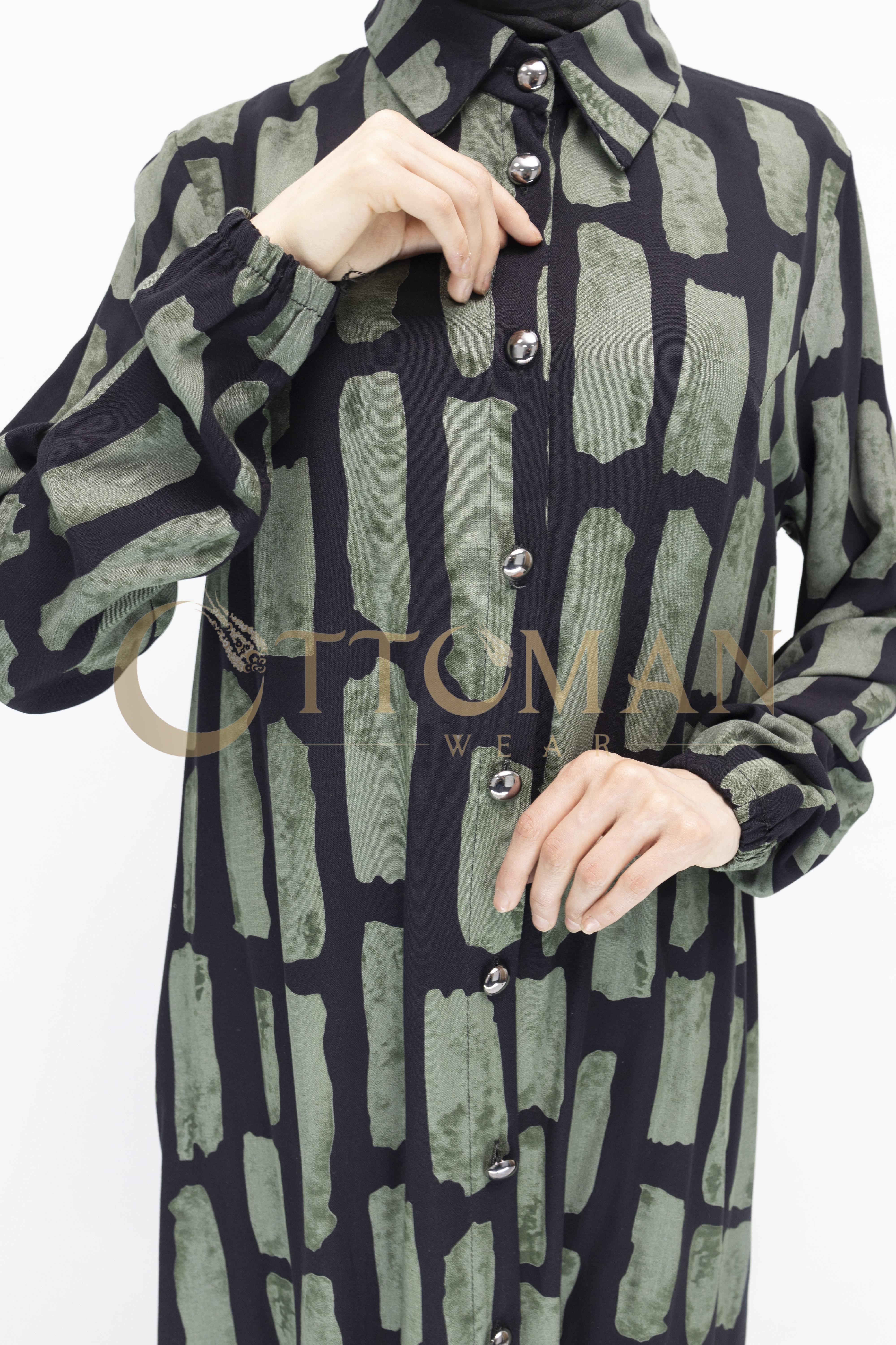 Ottoman Tesettür Büyük Beden Viskon Gömlek Siyah-Yeşil OTW2080