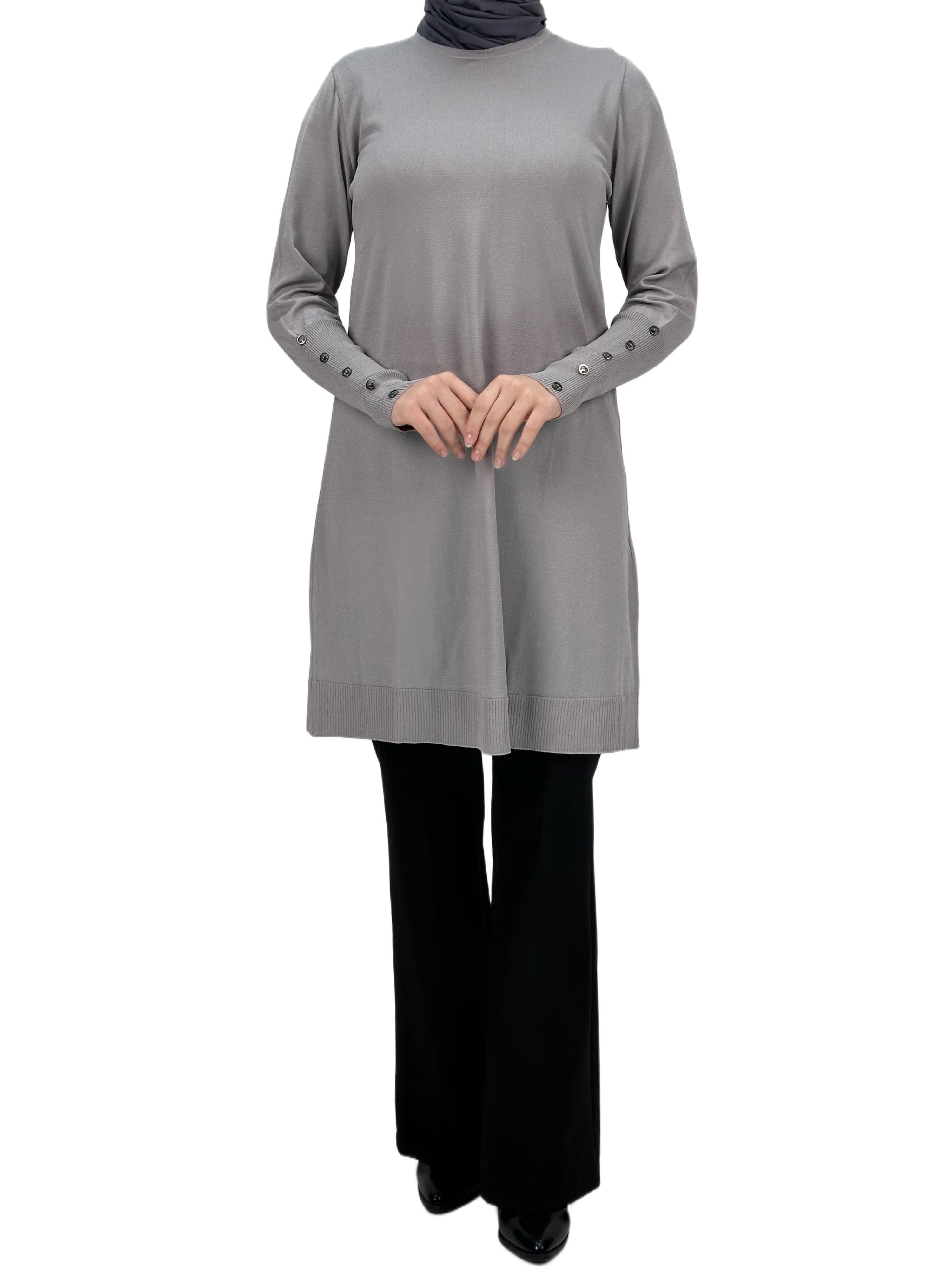 OTW2769-2 Kolları Düğmeli Merserize Triko Tunik Gri