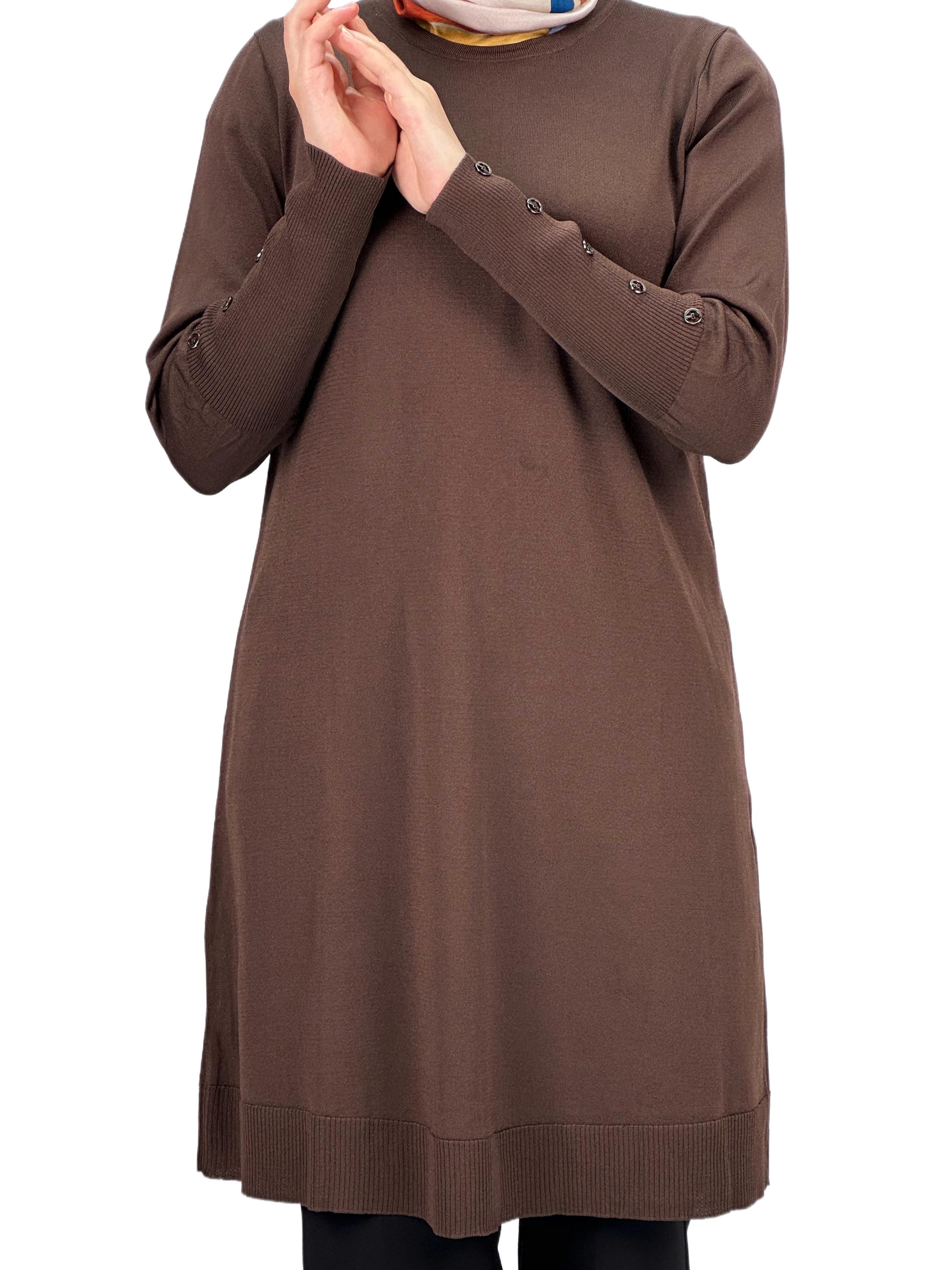 OTW2769-2 Kolları Düğmeli Merserize Triko Tunik Kahve