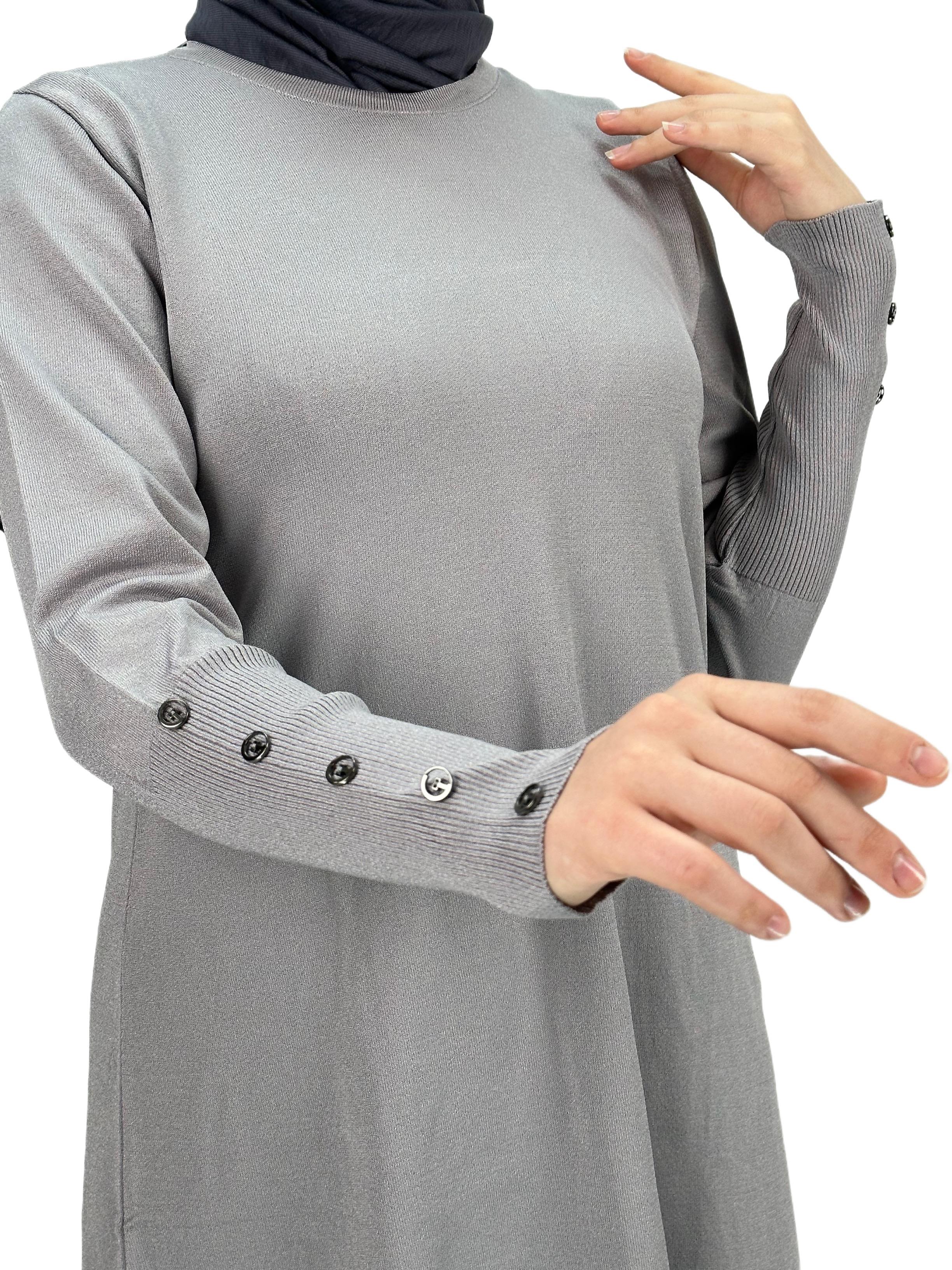 OTW2769-2 Kolları Düğmeli Merserize Triko Tunik Gri