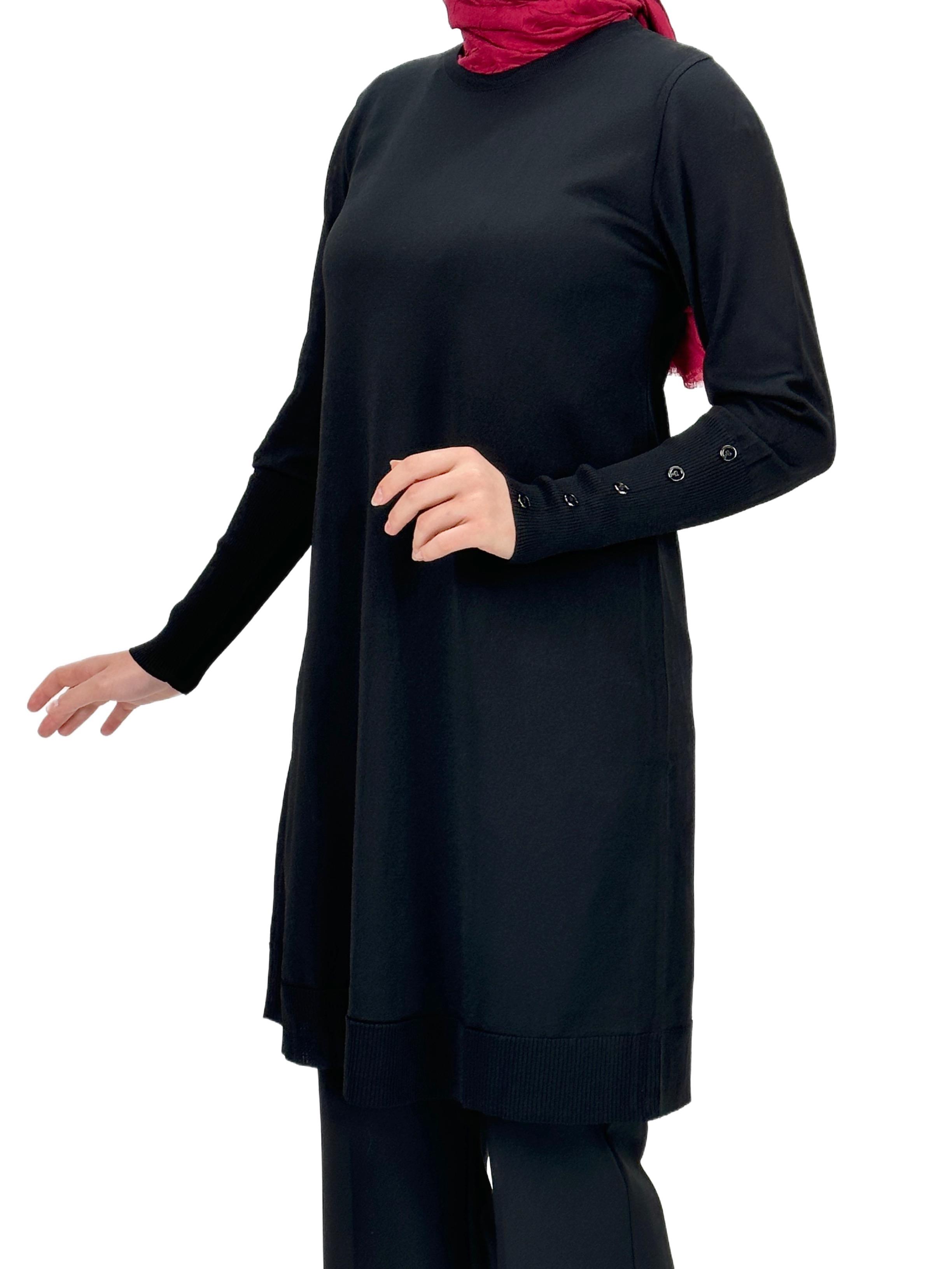 OTW2769-2 Kolları Düğmeli Merserize Triko Tunik Siyah