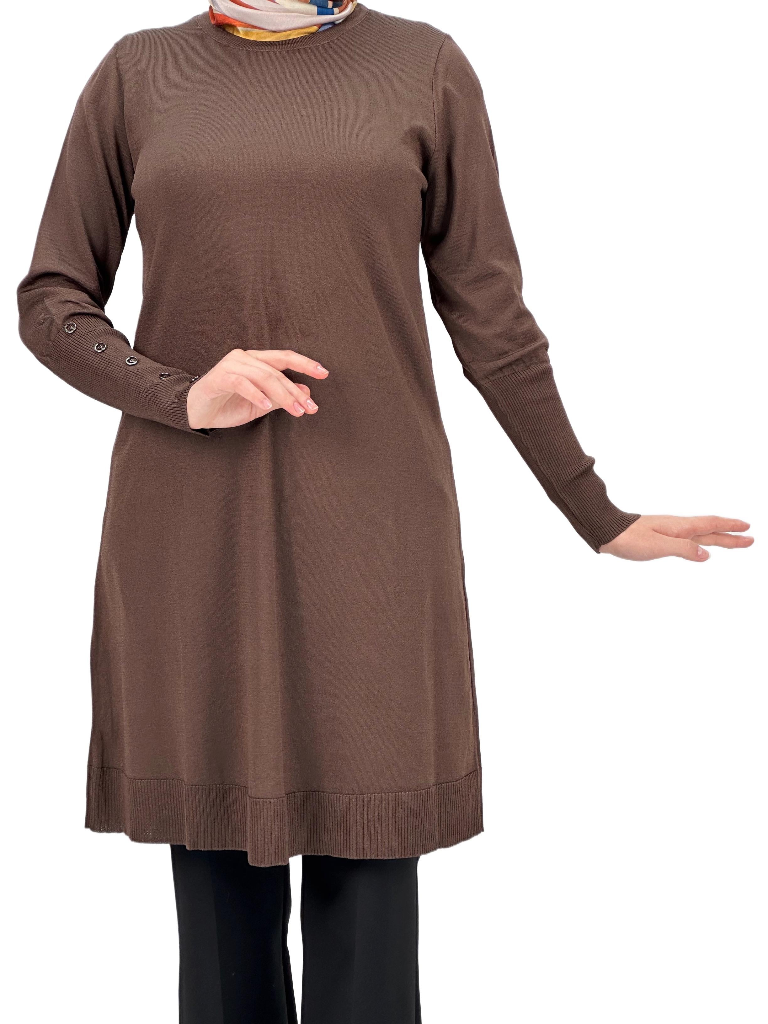 OTW2769-2 Kolları Düğmeli Merserize Triko Tunik Kahve