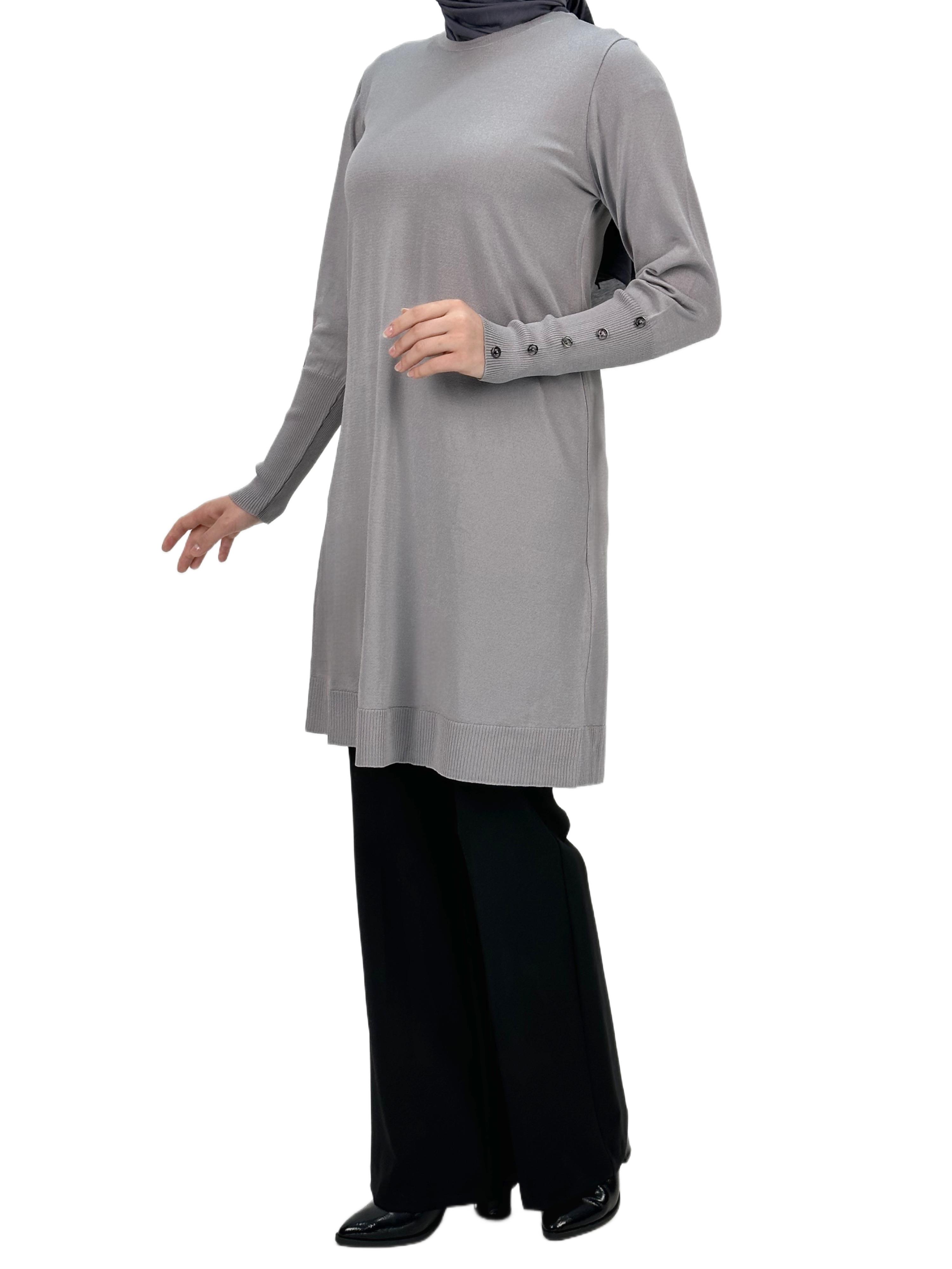 OTW2769-2 Kolları Düğmeli Merserize Triko Tunik Gri