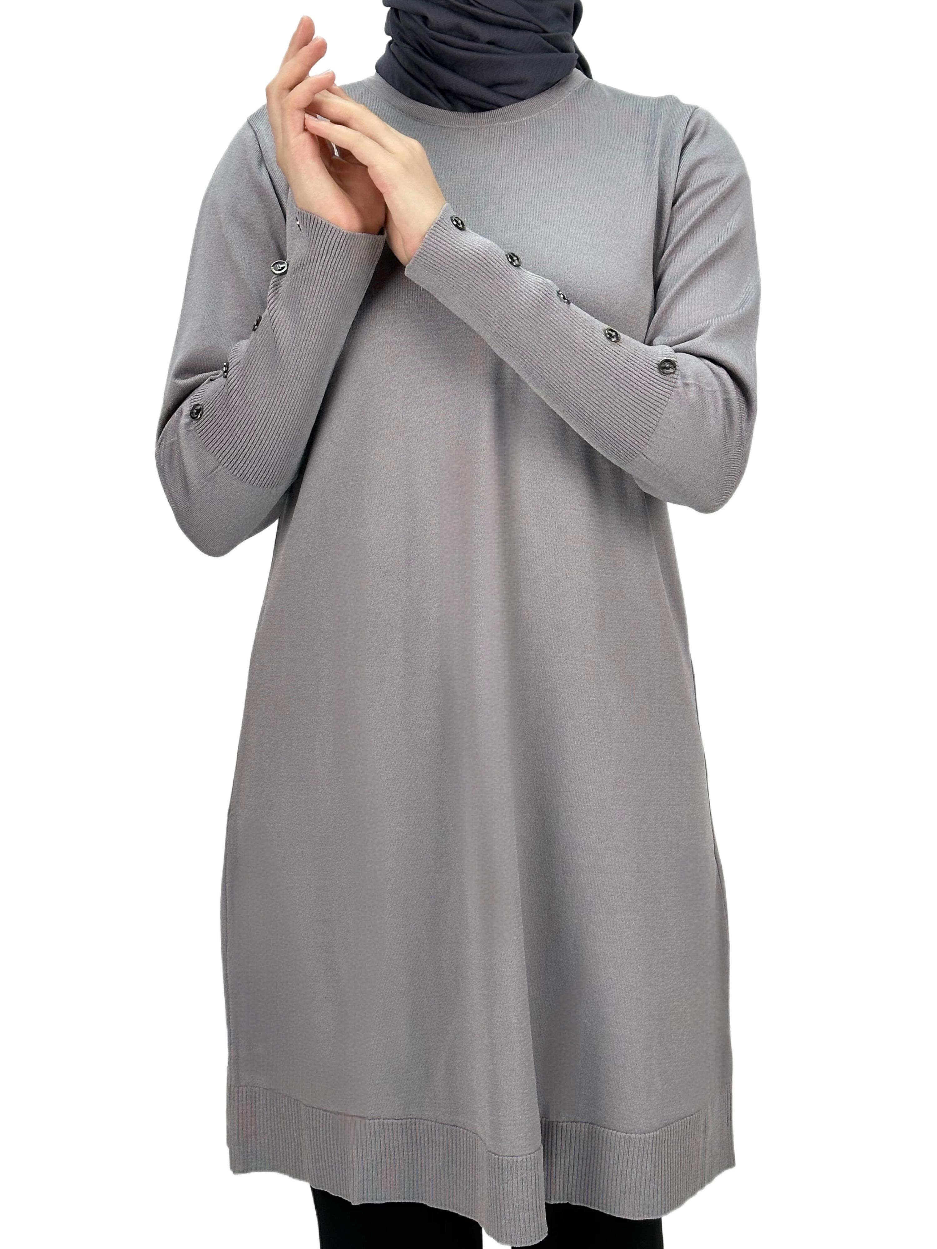 OTW2769-2 Kolları Düğmeli Merserize Triko Tunik Gri