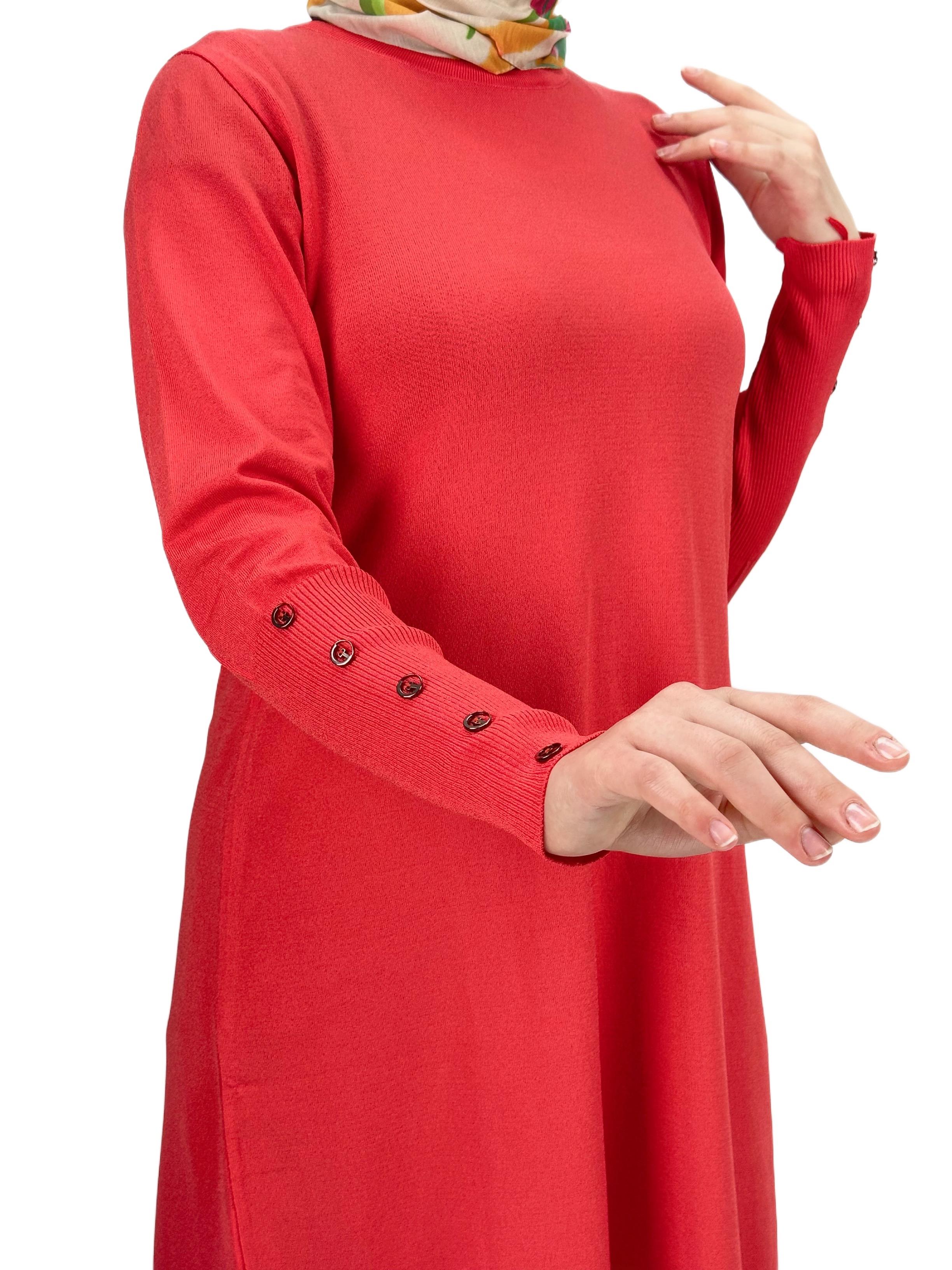 OTW2769-2 Kolları Düğmeli Merserize Triko Tunik Mercan