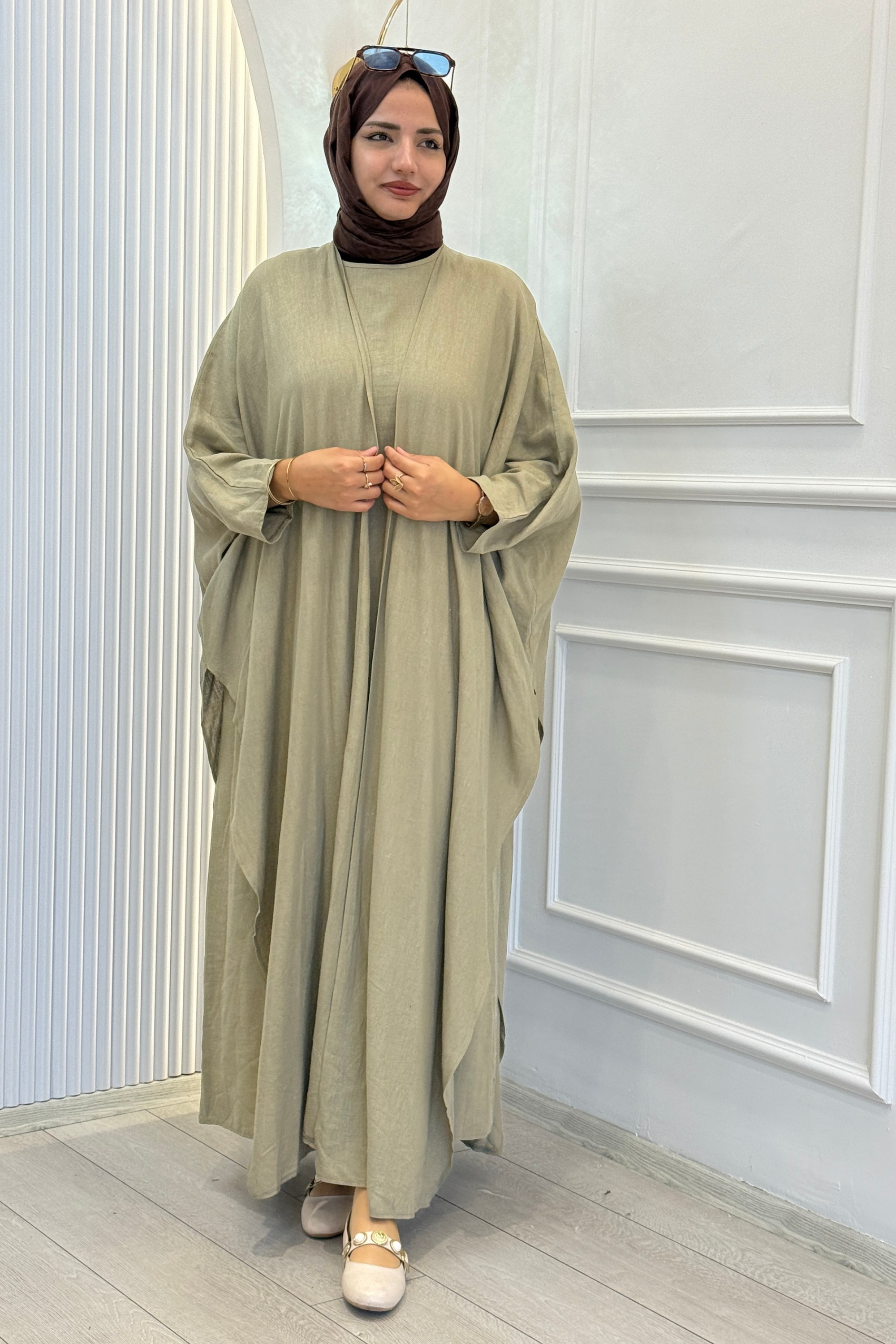 Oversize Tesettür Abaya Takım Haki OTW9835