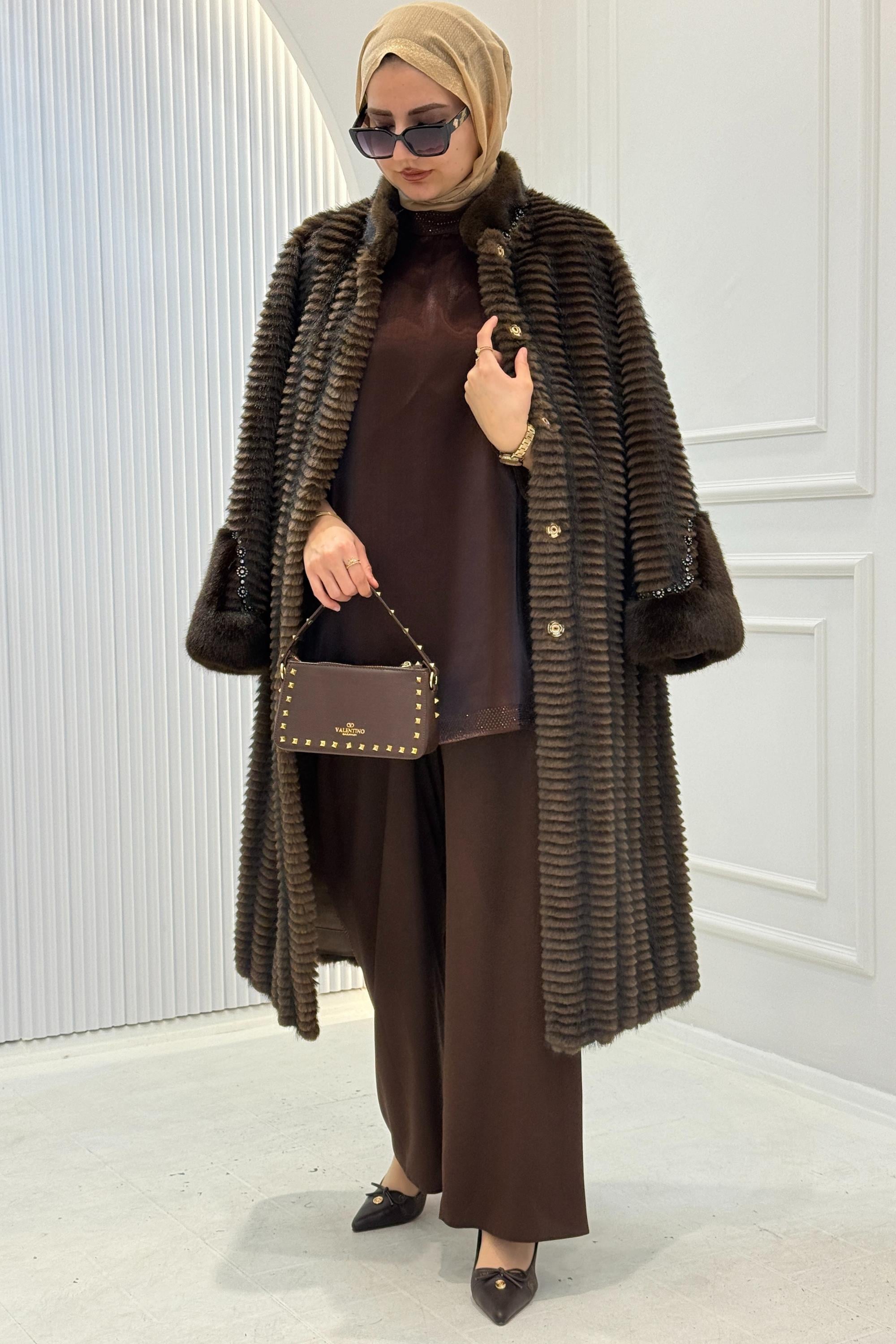 Premium İthal Taşlı Kürk Kaban Kahve OTW1188