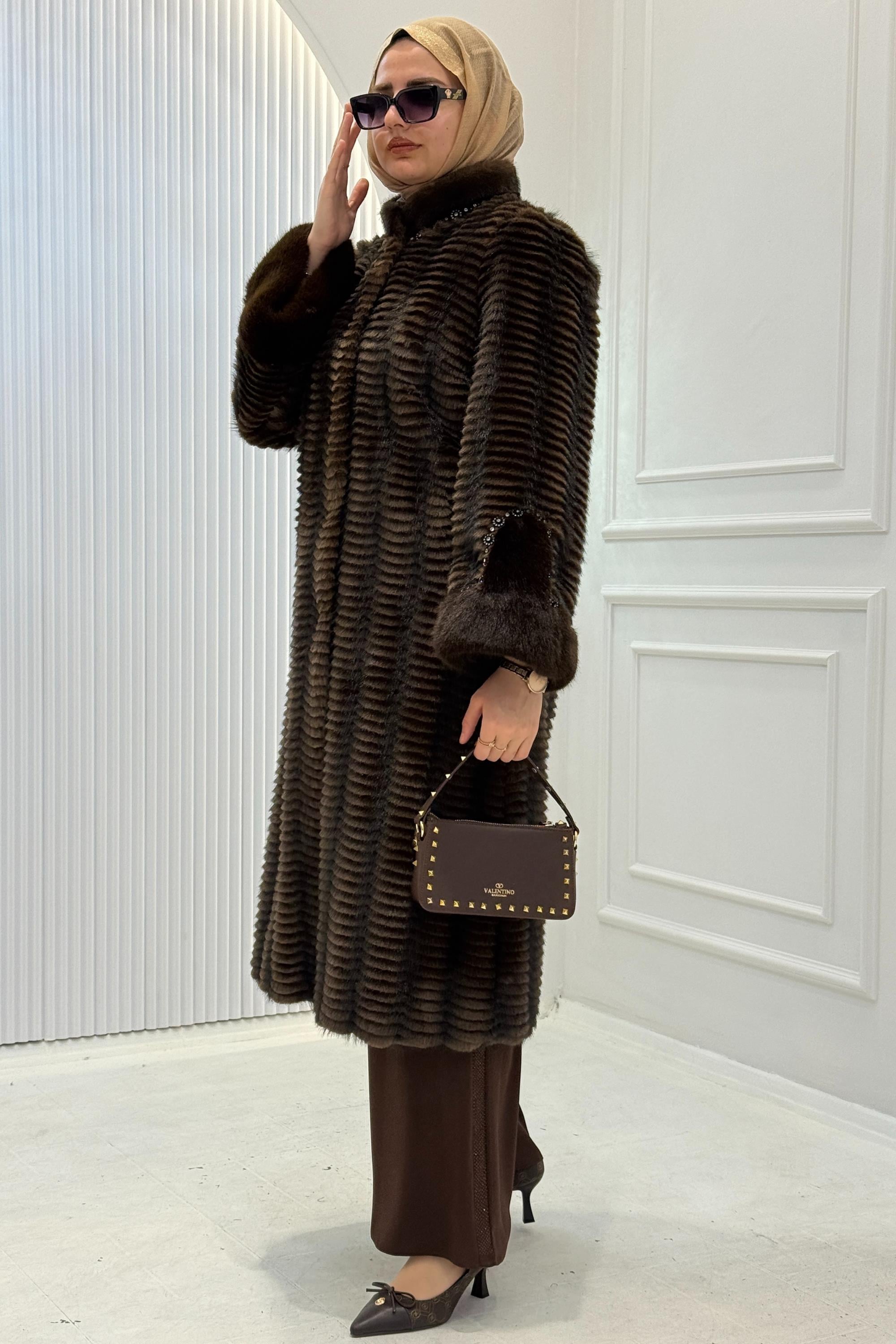 Premium İthal Taşlı Kürk Kaban Kahve OTW1188