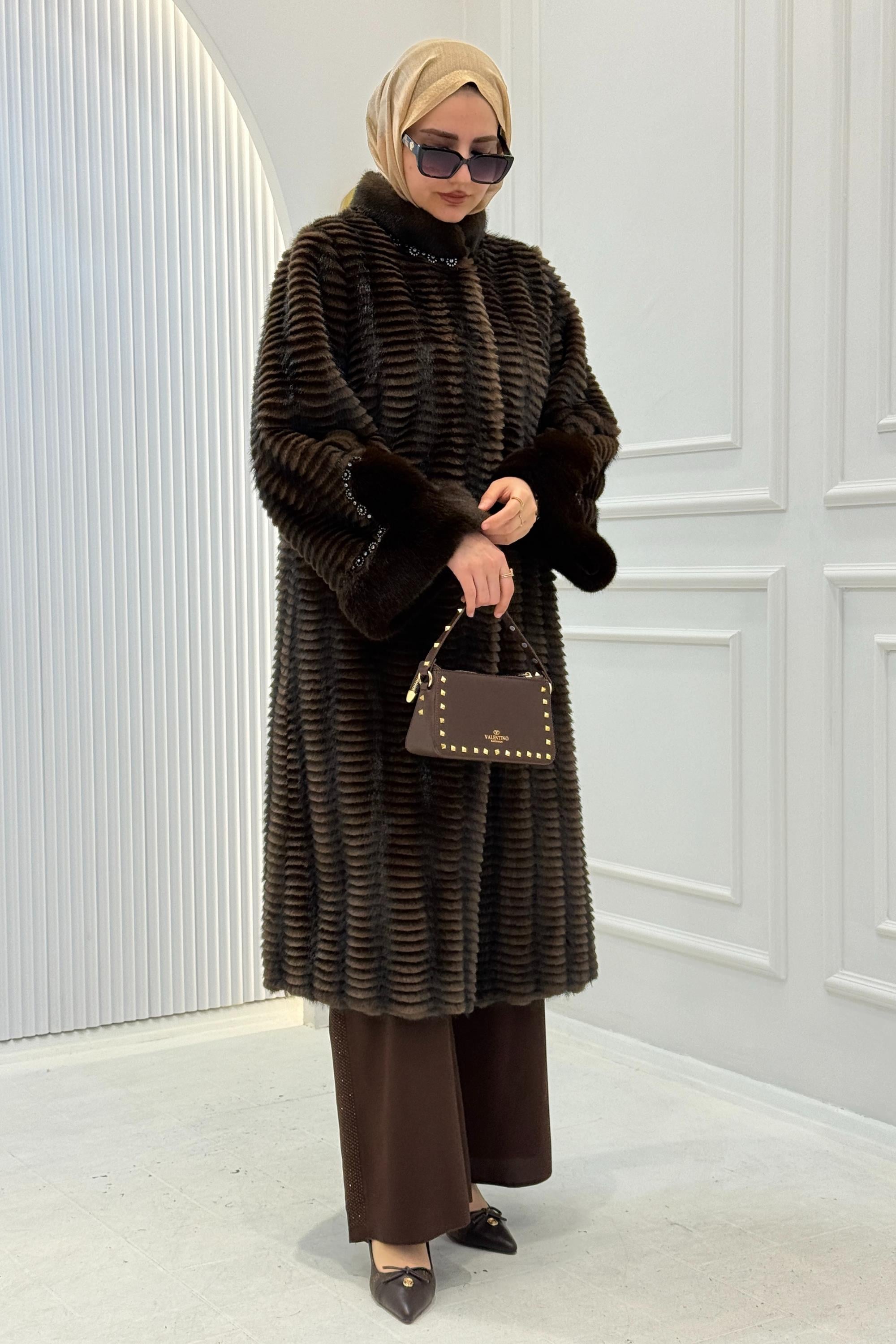 Premium İthal Taşlı Kürk Kaban Kahve OTW1188