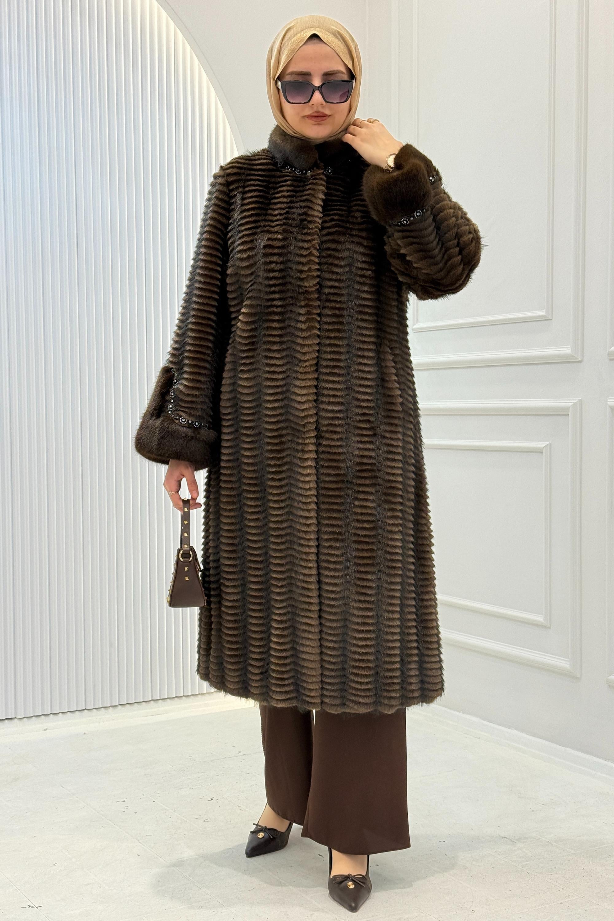 Premium İthal Taşlı Kürk Kaban Kahve OTW1188