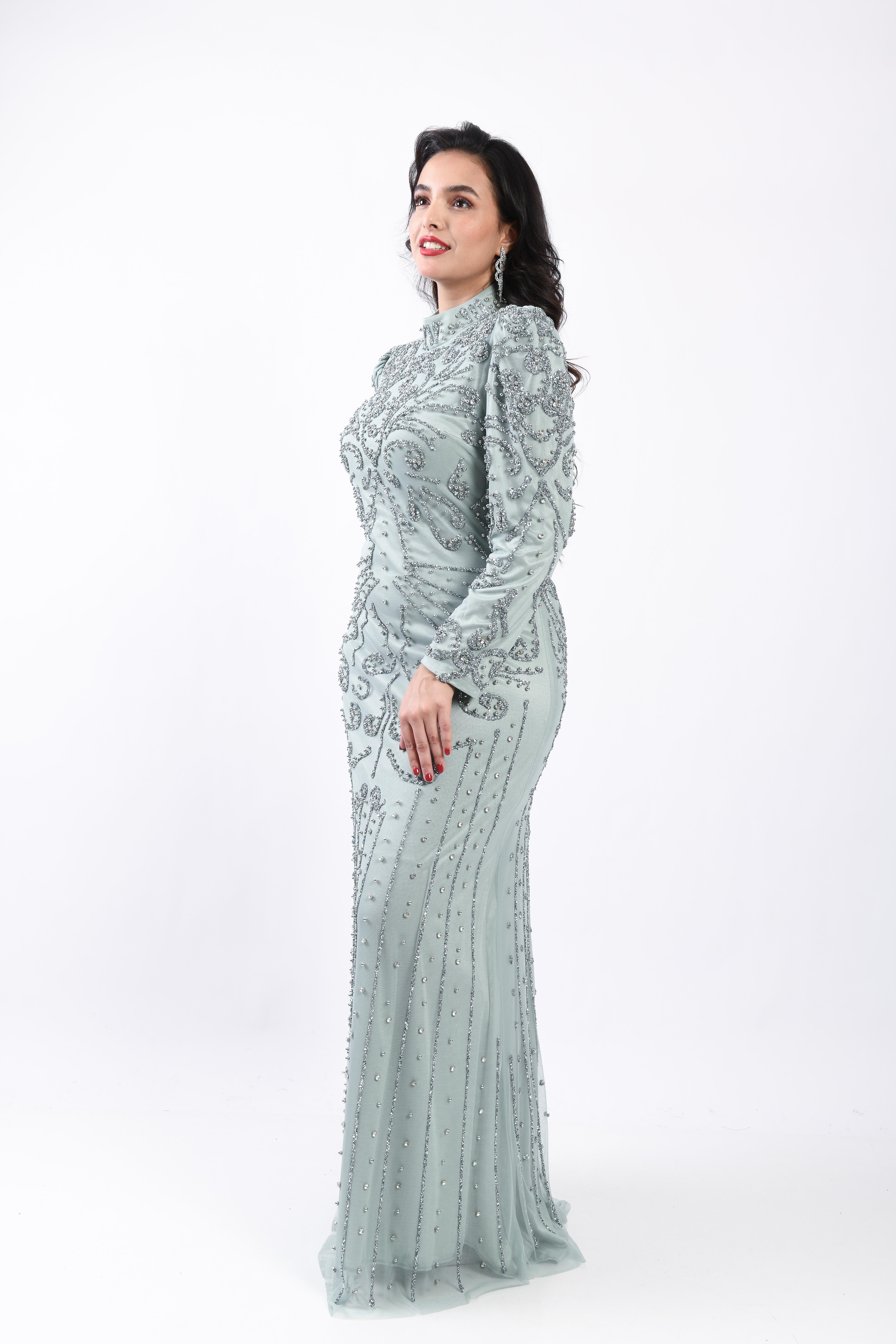 Prenses Omuzlu Taş İşlemeli Abiye Mint OTW3141
