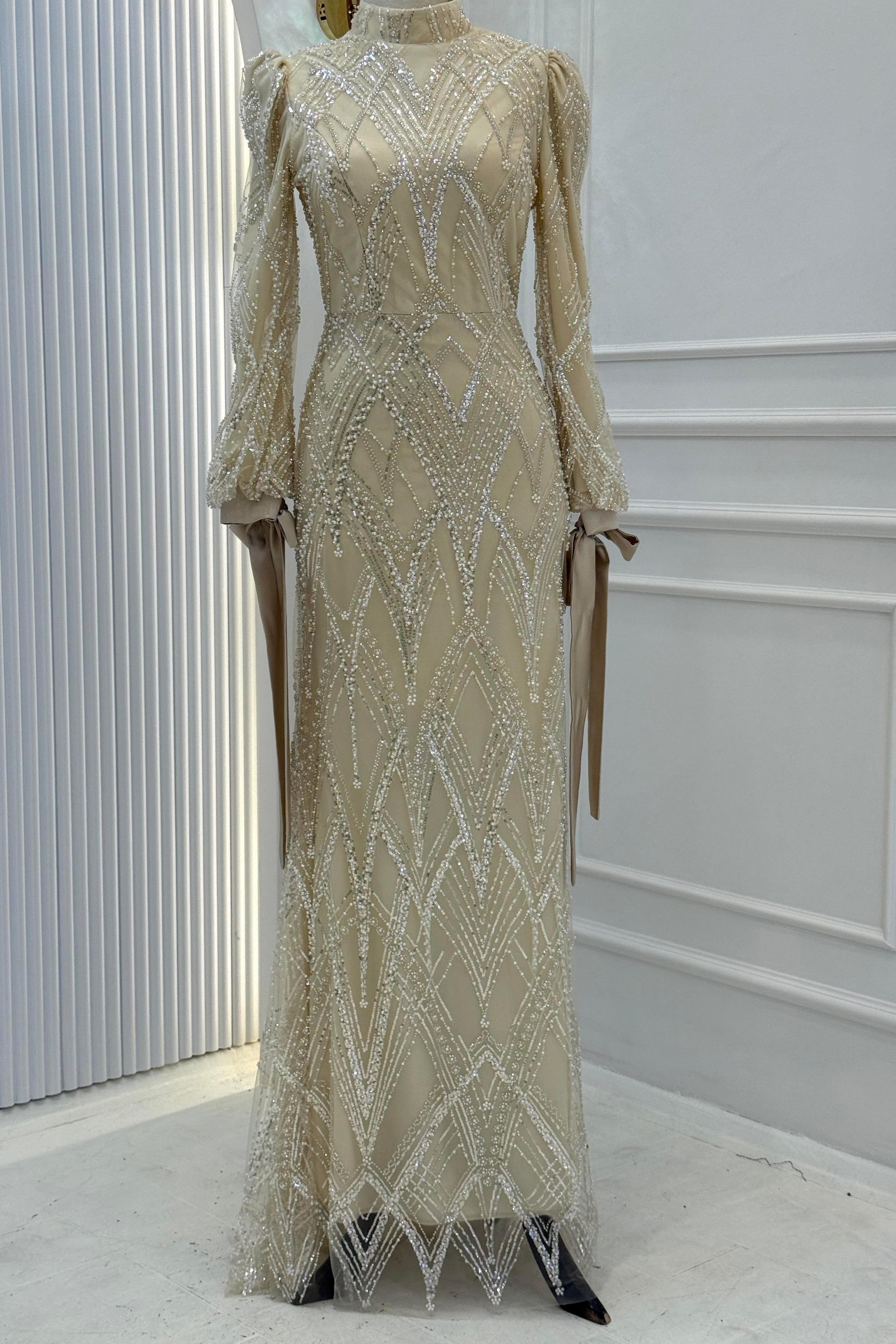 Pul Payet İşlemeli Tesettür Abiye Elbise Taş OTW6108