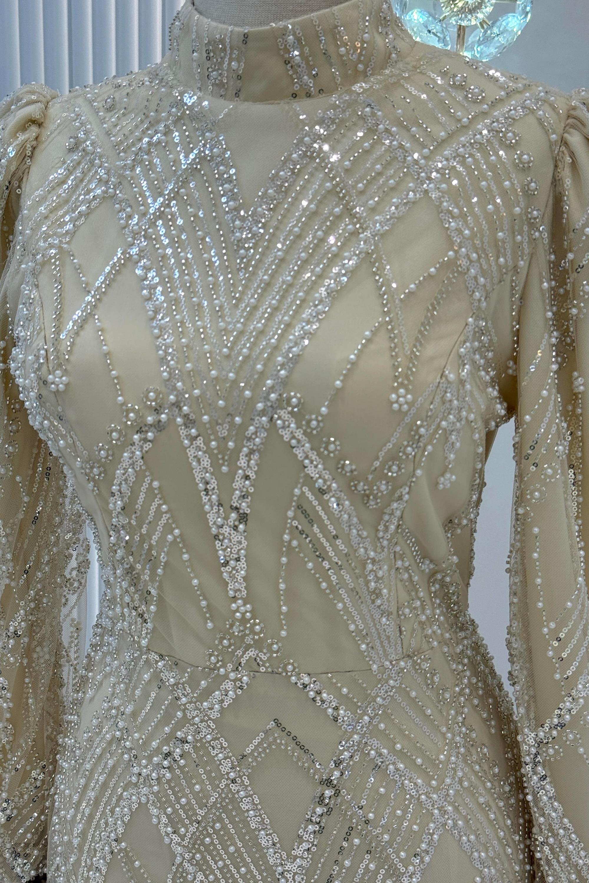 Pul Payet İşlemeli Tesettür Abiye Elbise Taş OTW6108