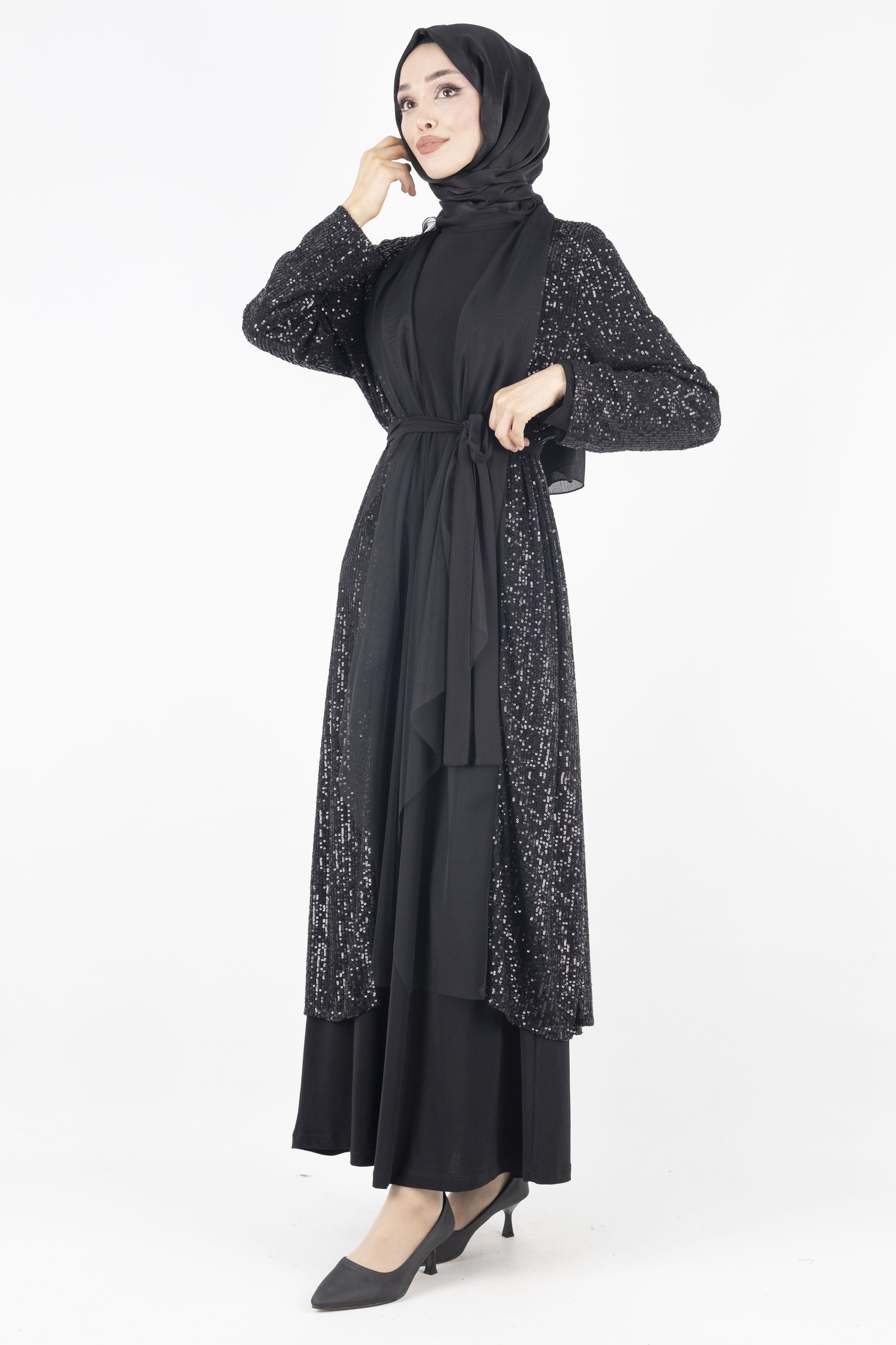 Pullu Abayalı Abiye Takım Siyah OTW812