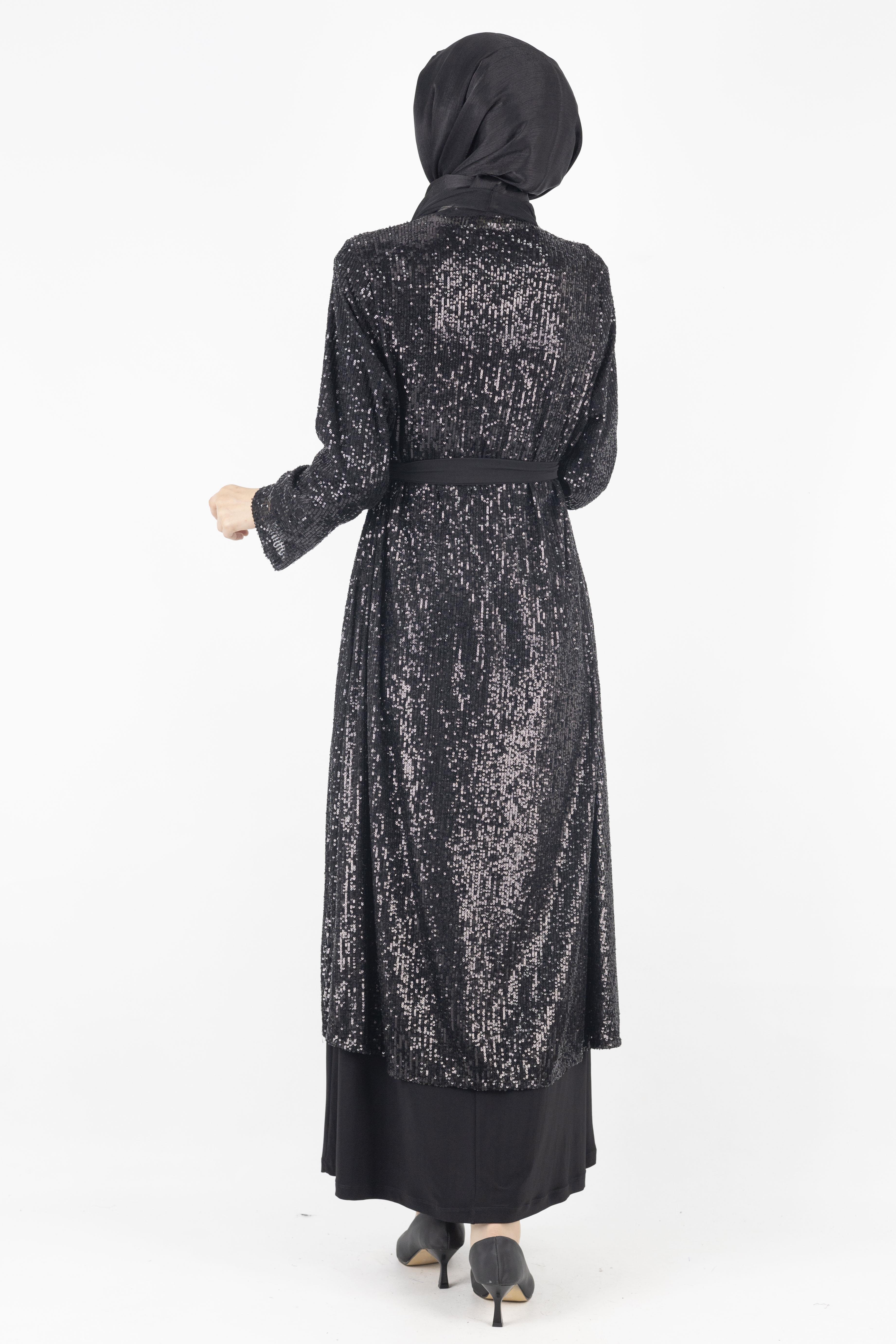 Pullu Abayalı Abiye Takım Siyah OTW812