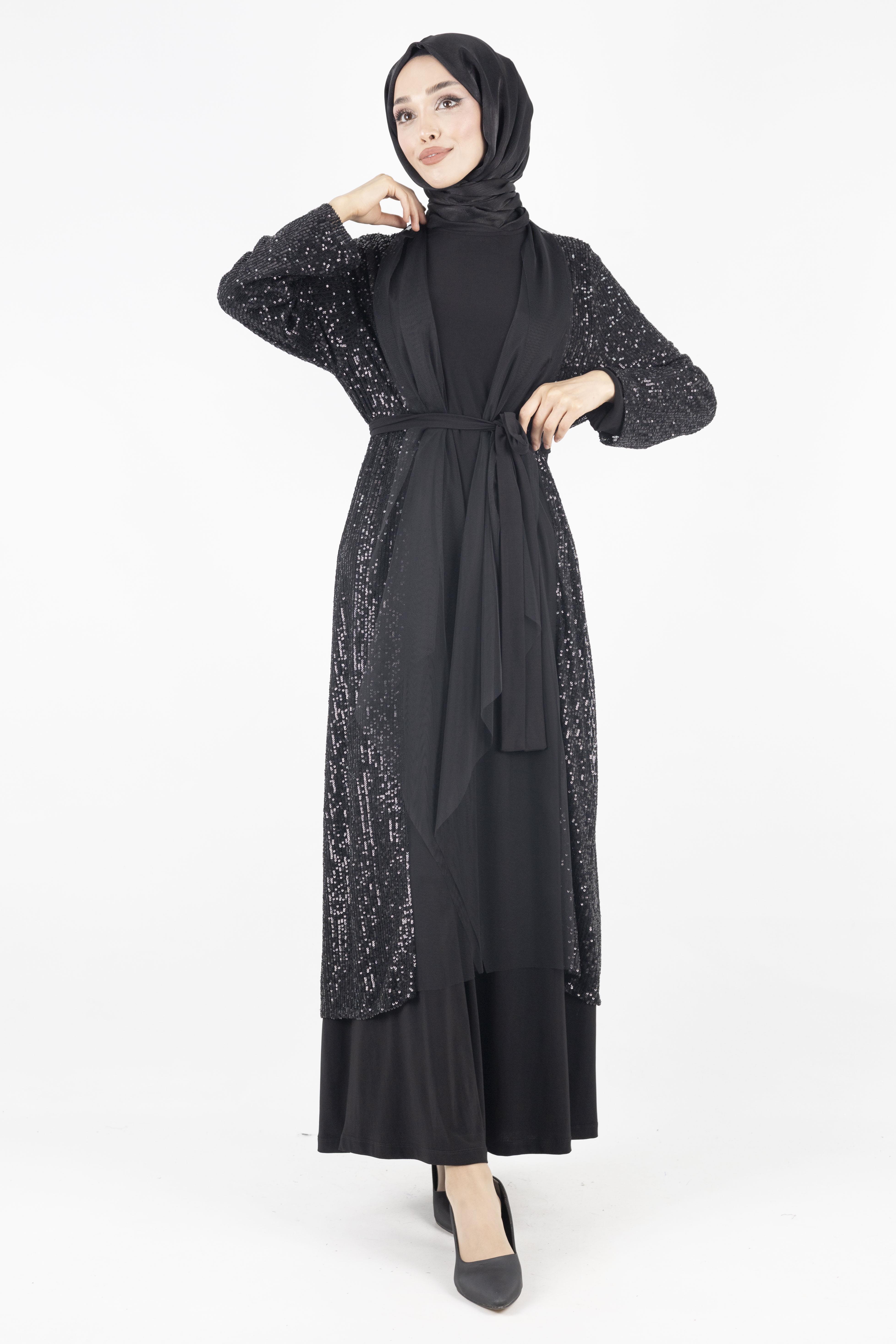 Pullu Abayalı Abiye Takım Siyah OTW812