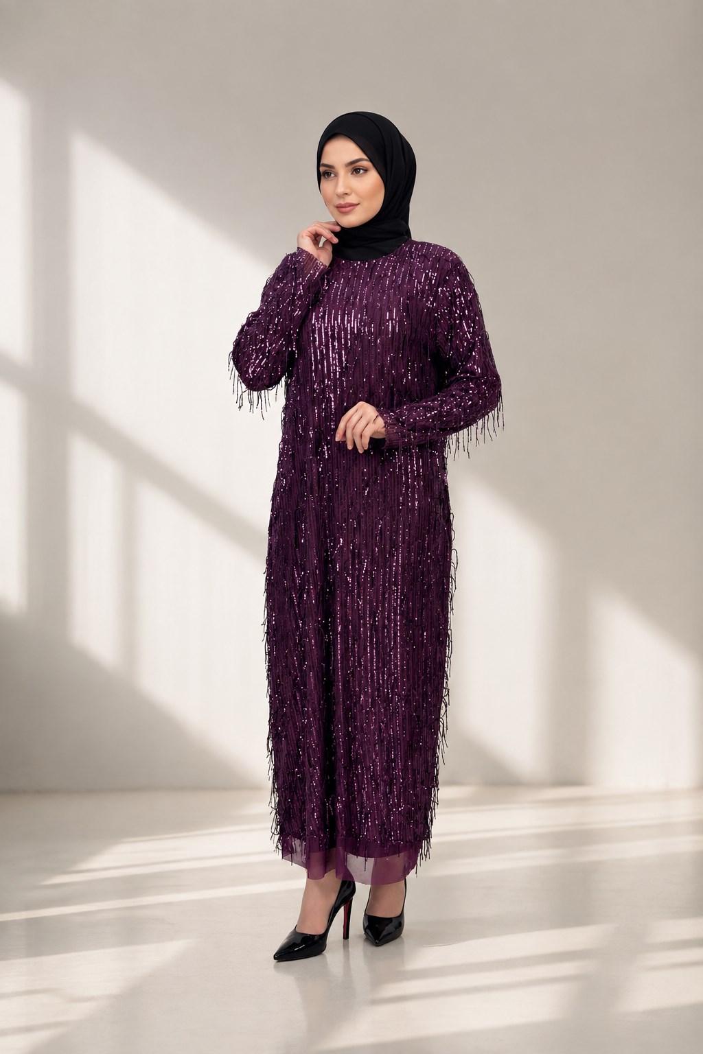 Pullu Abiye Elbise Mor OTW4475