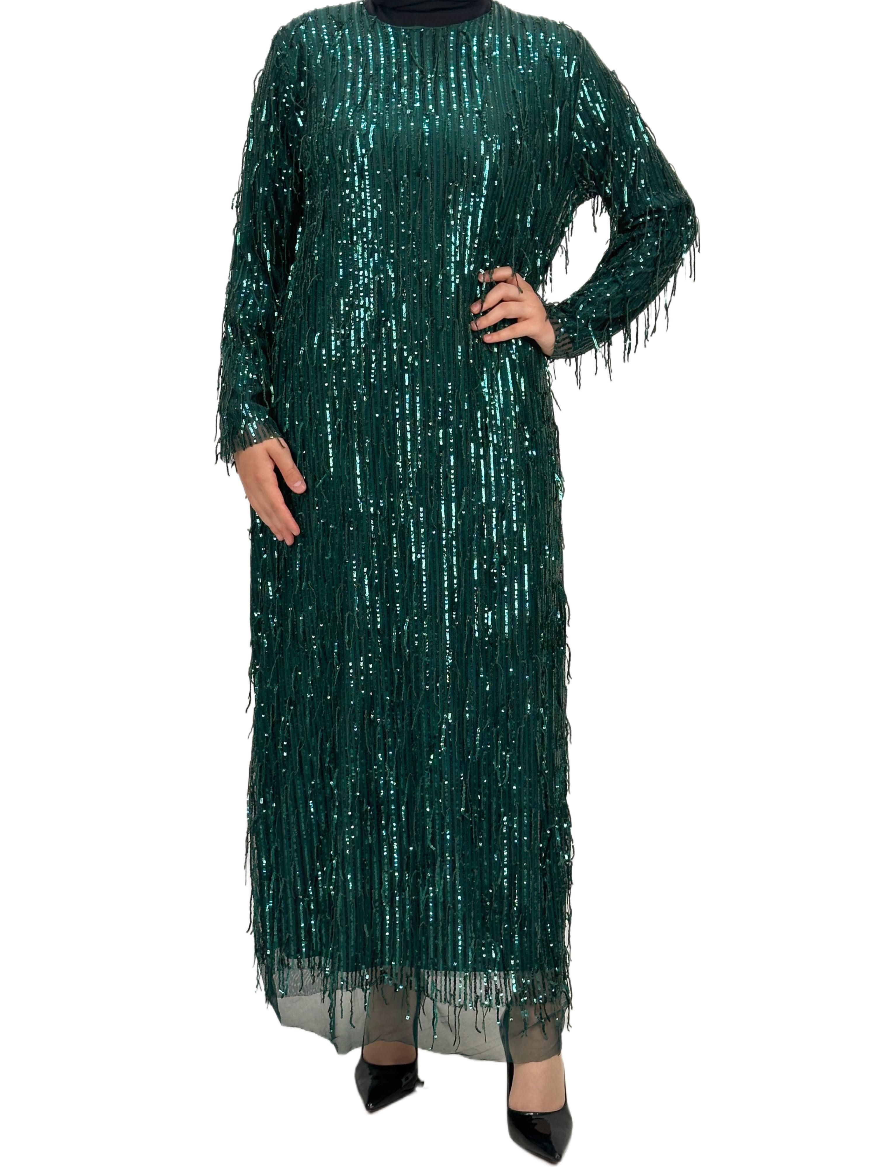 Pullu Abiye Elbise Zümrüt OTW4475