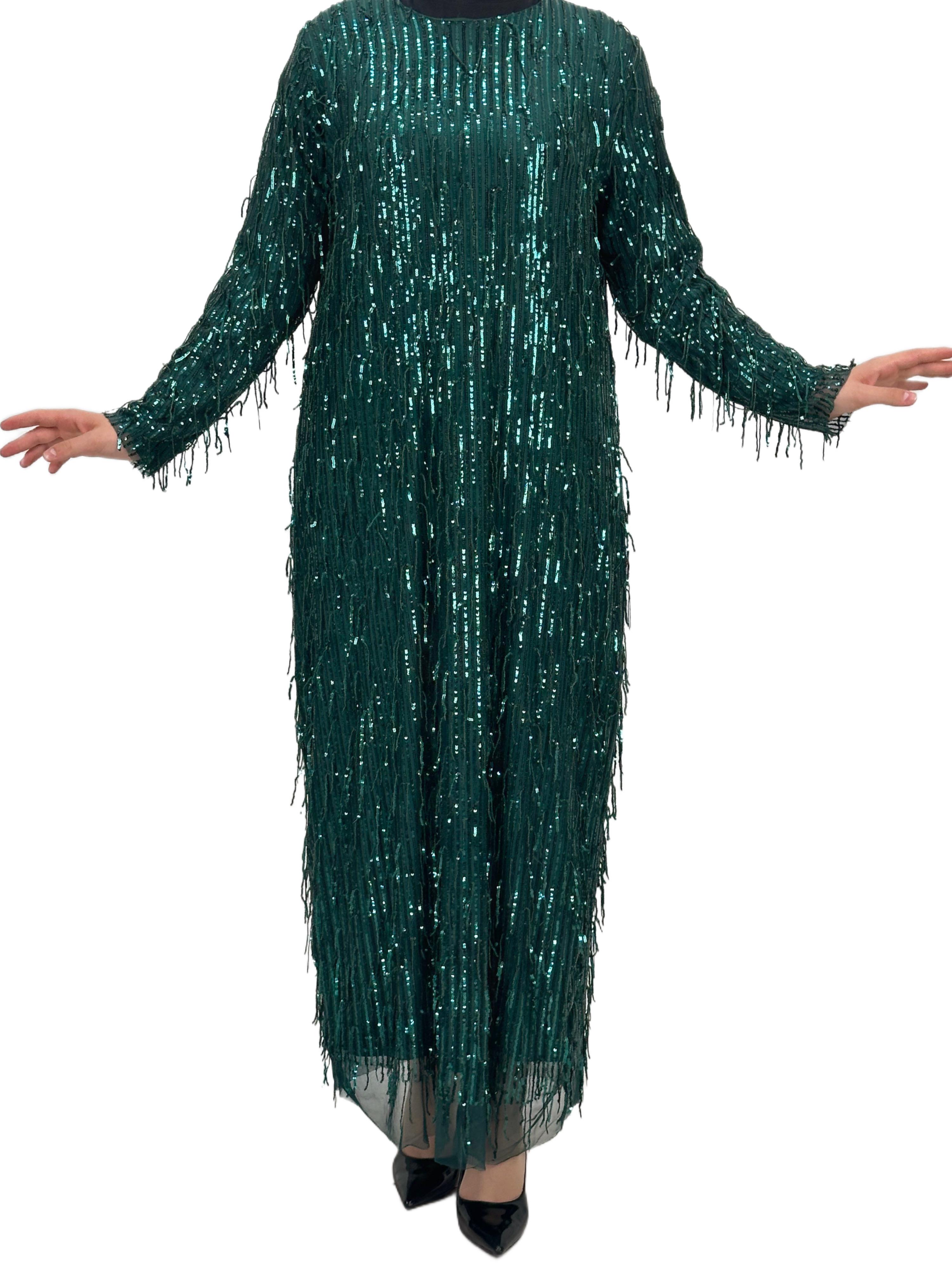 Pullu Abiye Elbise Zümrüt OTW4475