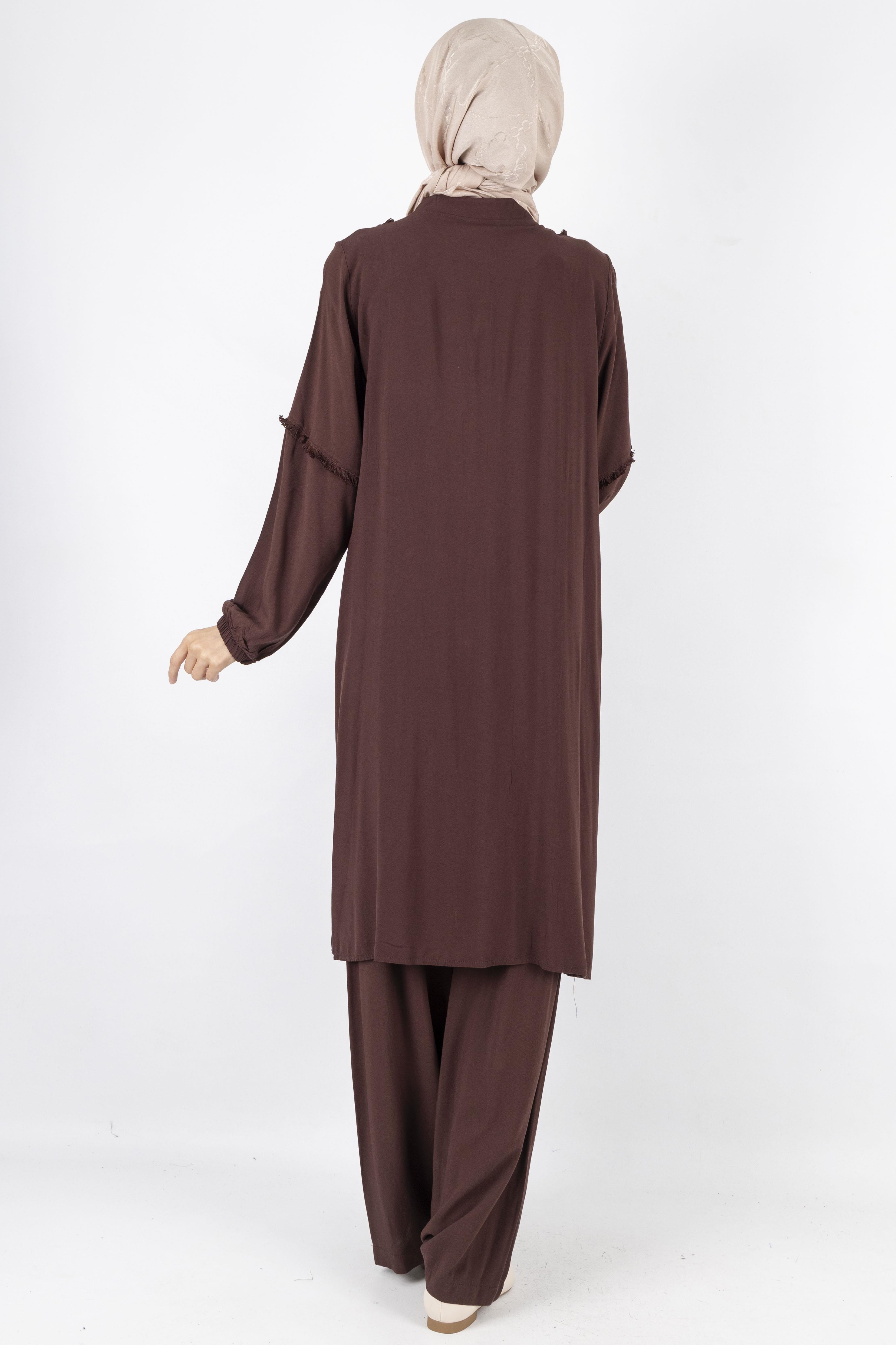 Püskül Detaylı Yıkanmış Viskon Kumaş Takım Kahve OTW454