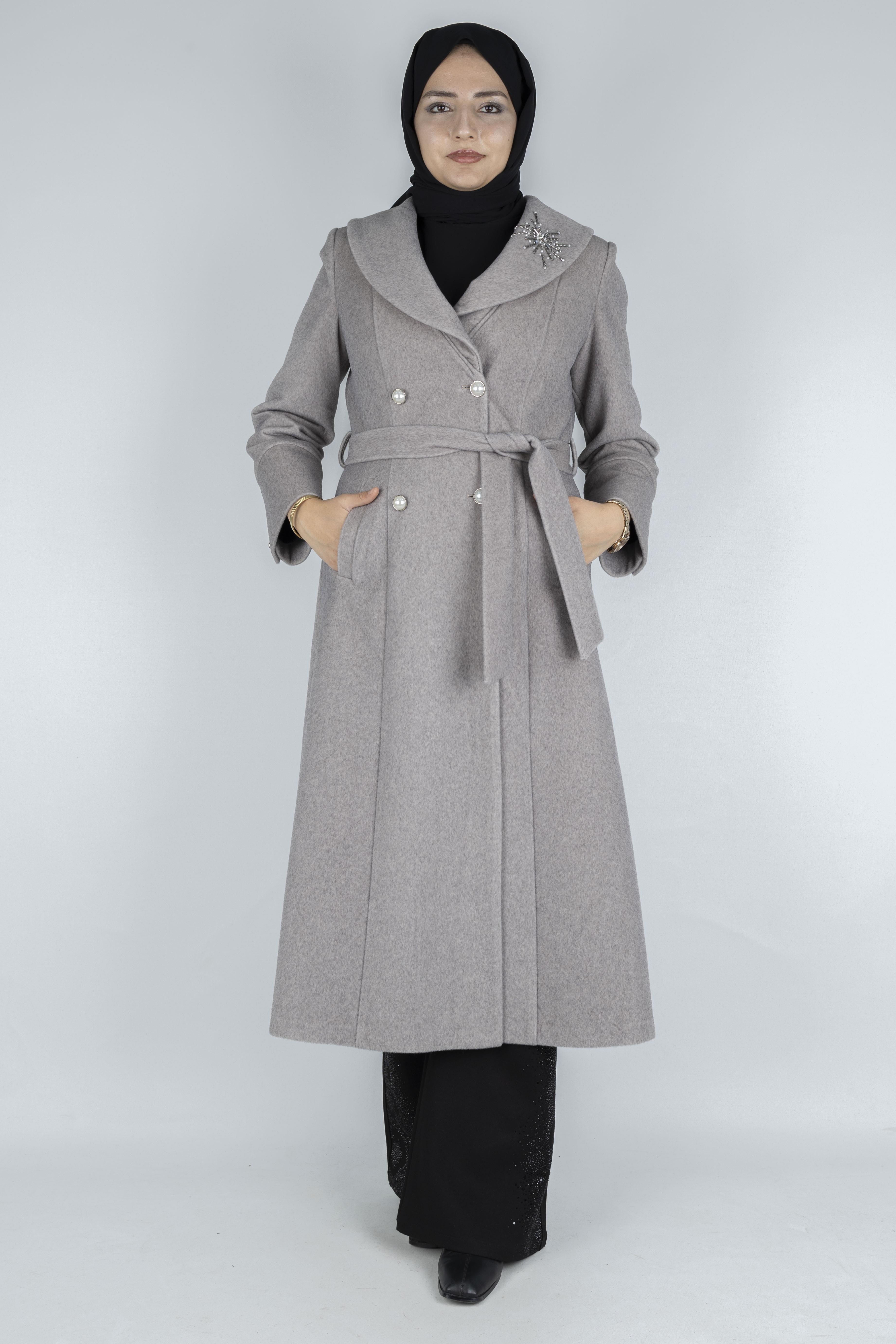 Şal Yaka Kuşaklı Kaşe Kaban Krem OTW3770