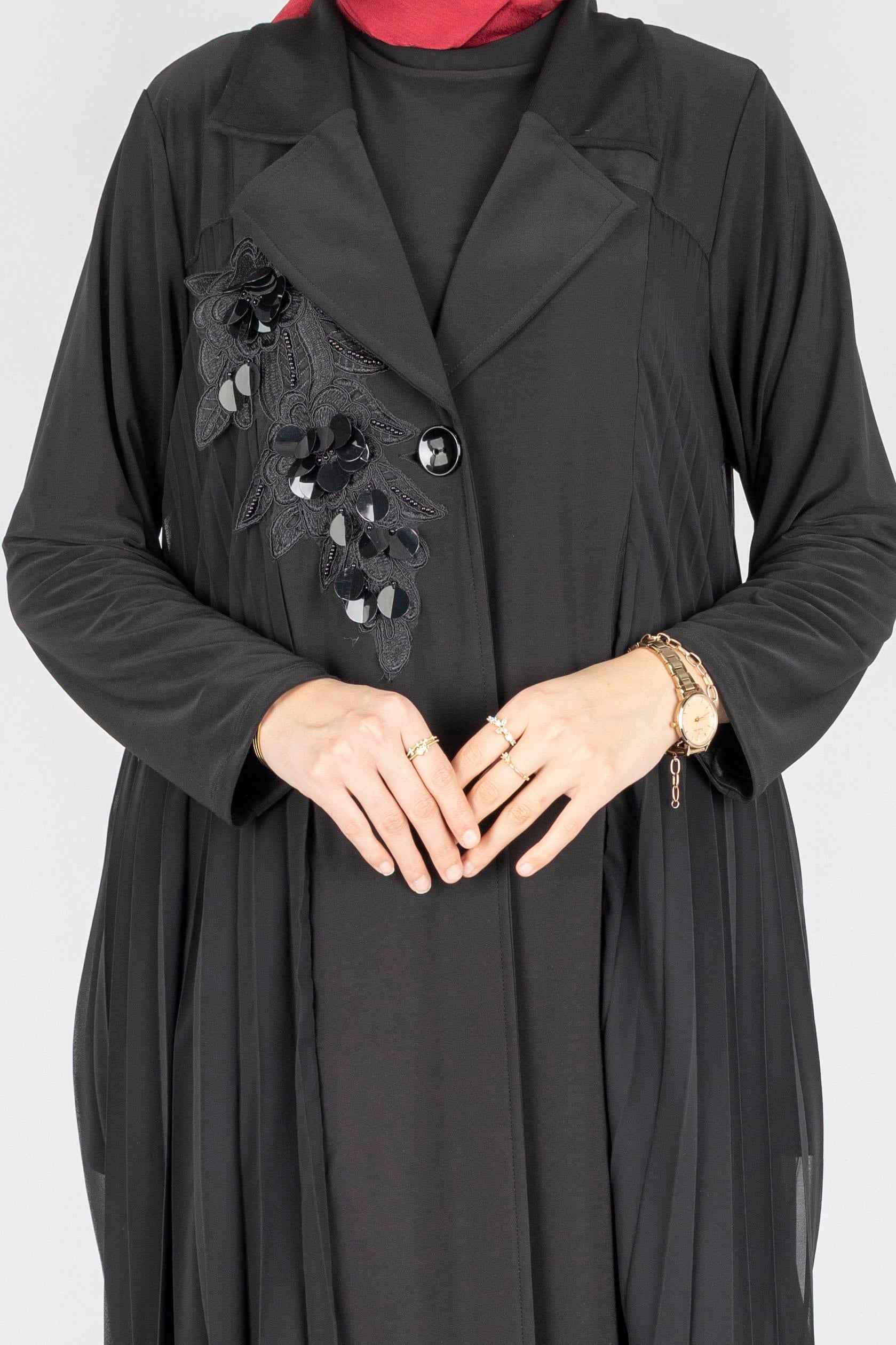 Şifon Detaylı Abaya Ceketli Elbise Takım Siyah OTW2019